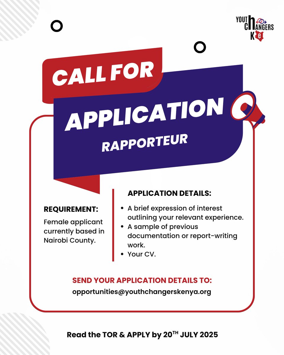 📢 Call for Application!

We’re looking for a Rapporteur based in Nairobi County to support documentation of an upcoming Outcome Harvesting activity.

Read the TOR and Apply ➡️ bit.ly/3GolDsg
Send your application to opportunities@youthchangerskenya.org

🗓️ Deadline: