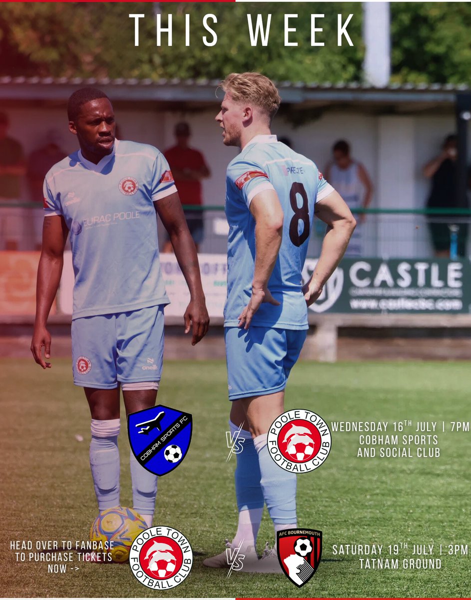 THIS WEEK⬇️

Wednesday 16th July (Tomorrow): 
🤝 Cobham Sports (A)
⏰ 7pm KO
📍Cobham Sports and Social Club, BH21 3DA
🎟️ Pay on Gate 

Saturday 19th July:
🤝 AFC Bournemouth XI (H)
⏰ 3pm KO
📍 Tatnam, BH15 3JR
🎟️ app.fanbaseclub.com/club/https-poo…

#COYD🐬