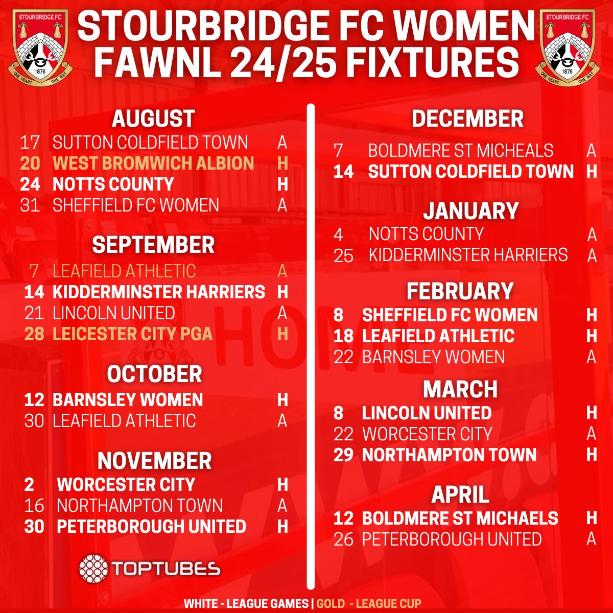 StourbridgeWFC's tweet image. Our 2025/26 fixtures are here 📅
We start the season away against @SCTFCWomen and finish away against @theposhwomen 🙌🏻
#StourbridgeWFC | #FAWNL