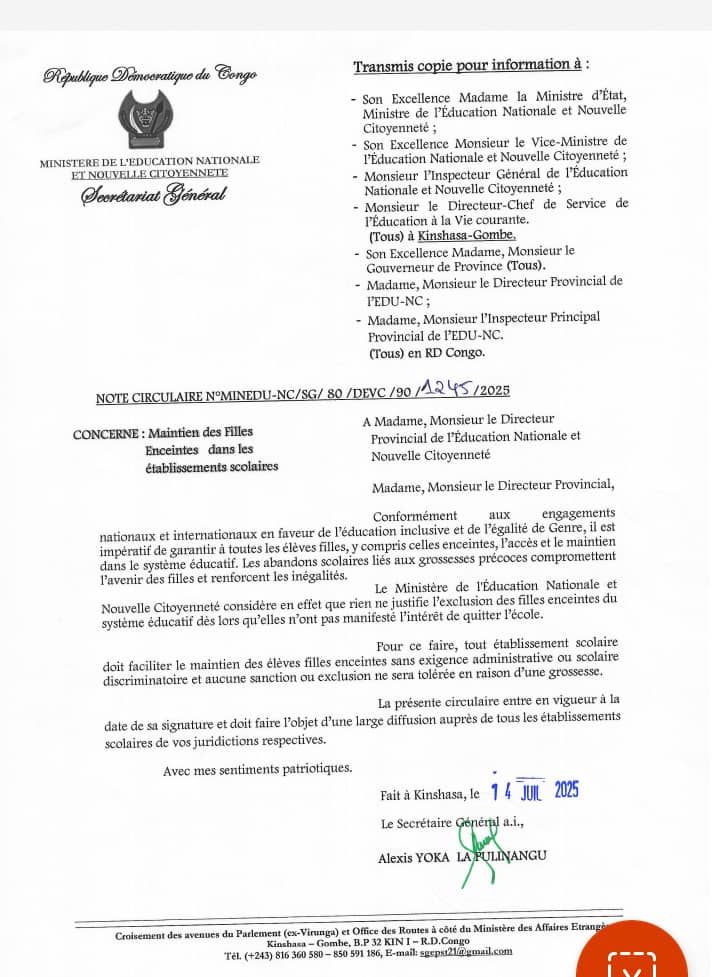 mathymous's tweet image. La décision du ministère de l'éducation sur le maintien des élèves enceintes dans les  établissements scolaires, c'est par souci d'égalité et d'éviter la discrimination.@Conept_Rdc @JosephineMawete @DNyamugabo @RDC_IYAFP @GiseleKapinga