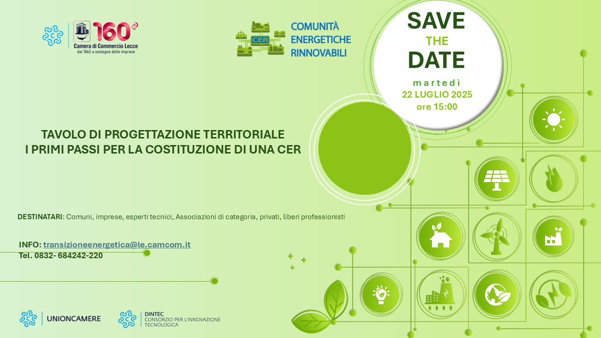 #webinar 22 luglio ore 15.00
Un incontro tra i soggetti interessati all’avvio di #ComunitàEnergeticheRinnovabili (#CER) e un esperto in tema di #energia che fornirà consulenza tecnica e supporto operativo
Info: le.camcom.it/P42A3963C71S95…
#formazione #transizioneenergetica