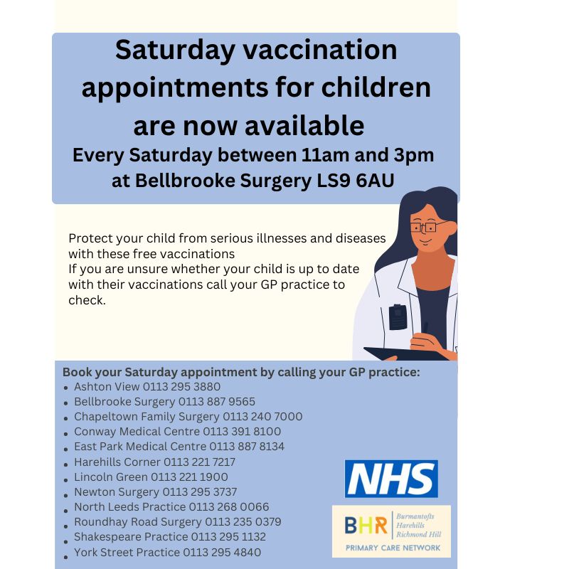 Leeds Community Champions (@commchamps) on Twitter photo Protect your child from serious illnesses and diseases with these free vaccinations. If you are unsure whether your child is up to date with their vaccinations call your GP practice to check
ποΈ Every Saturday
β²οΈ 11am - 3pm
π Bellbrooke Surgery LS9 6AU
π ow.ly/pLVw50VXCHo Protect your child from serious illnesses and diseases with these free vaccinations. If you are unsure whether your child is up to date with their vaccinations call your GP practice to check
ποΈ Every Saturday
β²οΈ 11am - 3pm
π Bellbrooke Surgery LS9 6AU
π ow.ly/pLVw50VXCHo