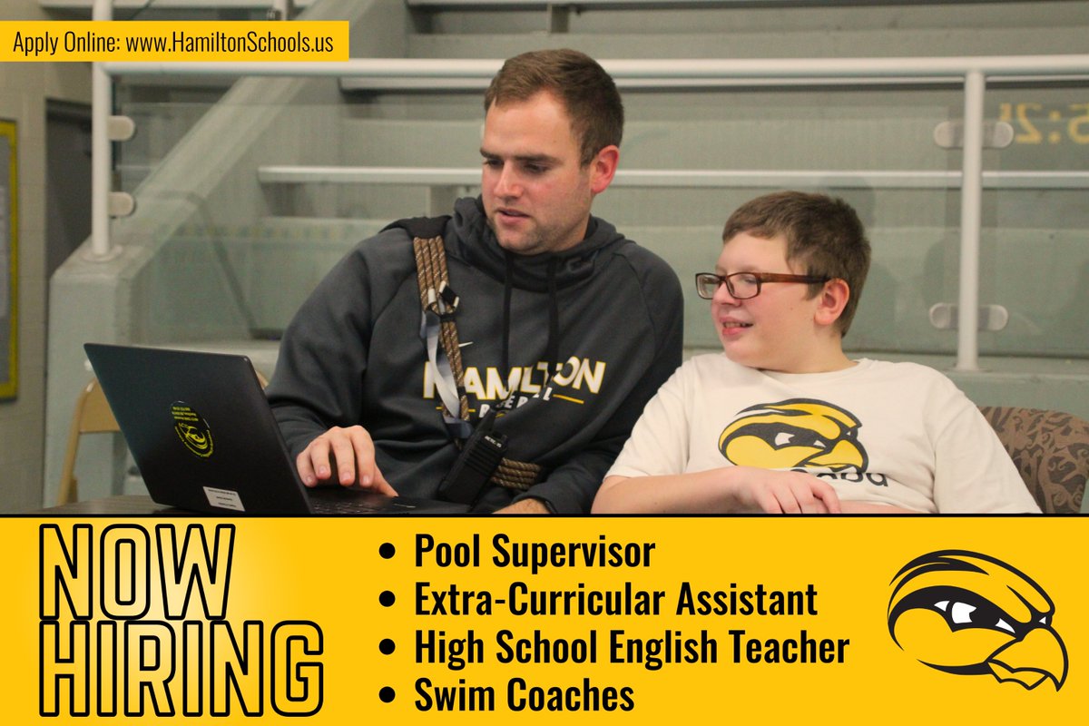Come and join a dedicated team of Hawkeyes! Hamilton Community Schools is NOW HIRING several positions, including:
- Pool Supervisor
- Extra-Curricular Assistant
- High School English Teacher
- Bus Drivers

Learn more and apply today: hamiltonschools.schoolspring.com

#HawkeyeFamily