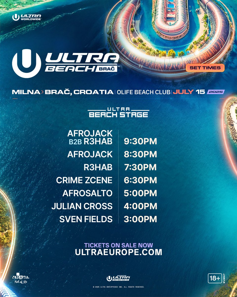UltraEurope's tweet image. Today's Ultra Beach schedule is here! 🐬 Set your vibe and meet us there. See you soon.