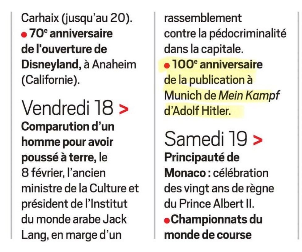ParreirRicardo's tweet image. Sur Google, j’ai eu 1 130 000 (0,28s) résultats pour “événements notables le vendredi 18 juillet”. Le JDD, dans son agenda, a choisi de faire du hitlérisme en rappelant à tout le monde que le torchon antisémite Mein Kampf existe.
Les néonazis de la rédaction s’expriment...