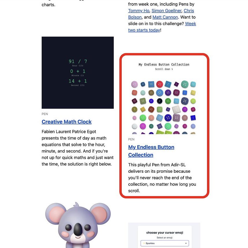 AdirCode 🔥 (@adircode) on Twitter photo Hey! Look at me!
I made it into this month’s issue of the <a href="/CodePen/">CodePen.IO</a> newsletter!
So fun to see my name, once again, next to the heavy hitters like <a href="/KevinJPowell/">Kevin Powell</a>, <a href="/jh3yy/">jhey ʕ•ᴥ•ʔ</a> and <a href="/alvaro_montoro/">Álvaro Montoro</a>.
I had a break from all the CodePens and the #CSS stuff.
Glad to be appreciated 🤗
#dev Hey! Look at me!
I made it into this month’s issue of the <a href="/CodePen/">CodePen.IO</a> newsletter!
So fun to see my name, once again, next to the heavy hitters like <a href="/KevinJPowell/">Kevin Powell</a>, <a href="/jh3yy/">jhey ʕ•ᴥ•ʔ</a> and <a href="/alvaro_montoro/">Álvaro Montoro</a>.
I had a break from all the CodePens and the #CSS stuff.
Glad to be appreciated 🤗
#dev