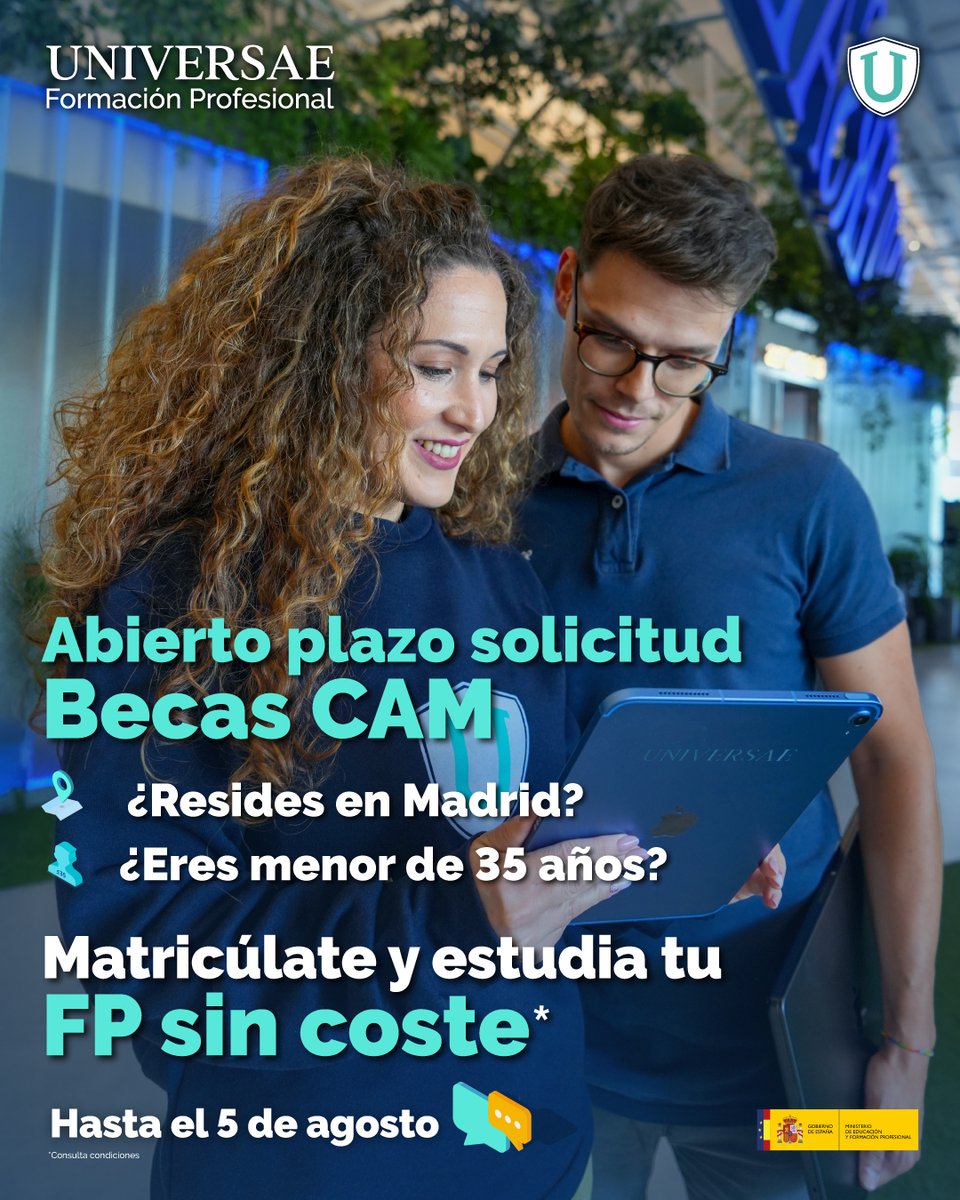 _Universae's tweet image. 🎓 Estudia una FP oficial sin coste en UNIVERSAE con las Becas CAM. Para residentes en Madrid.
📅 Solicita tu plaza antes del 5 de agosto.
ℹ️ Más info: universae.com/becas-cam/