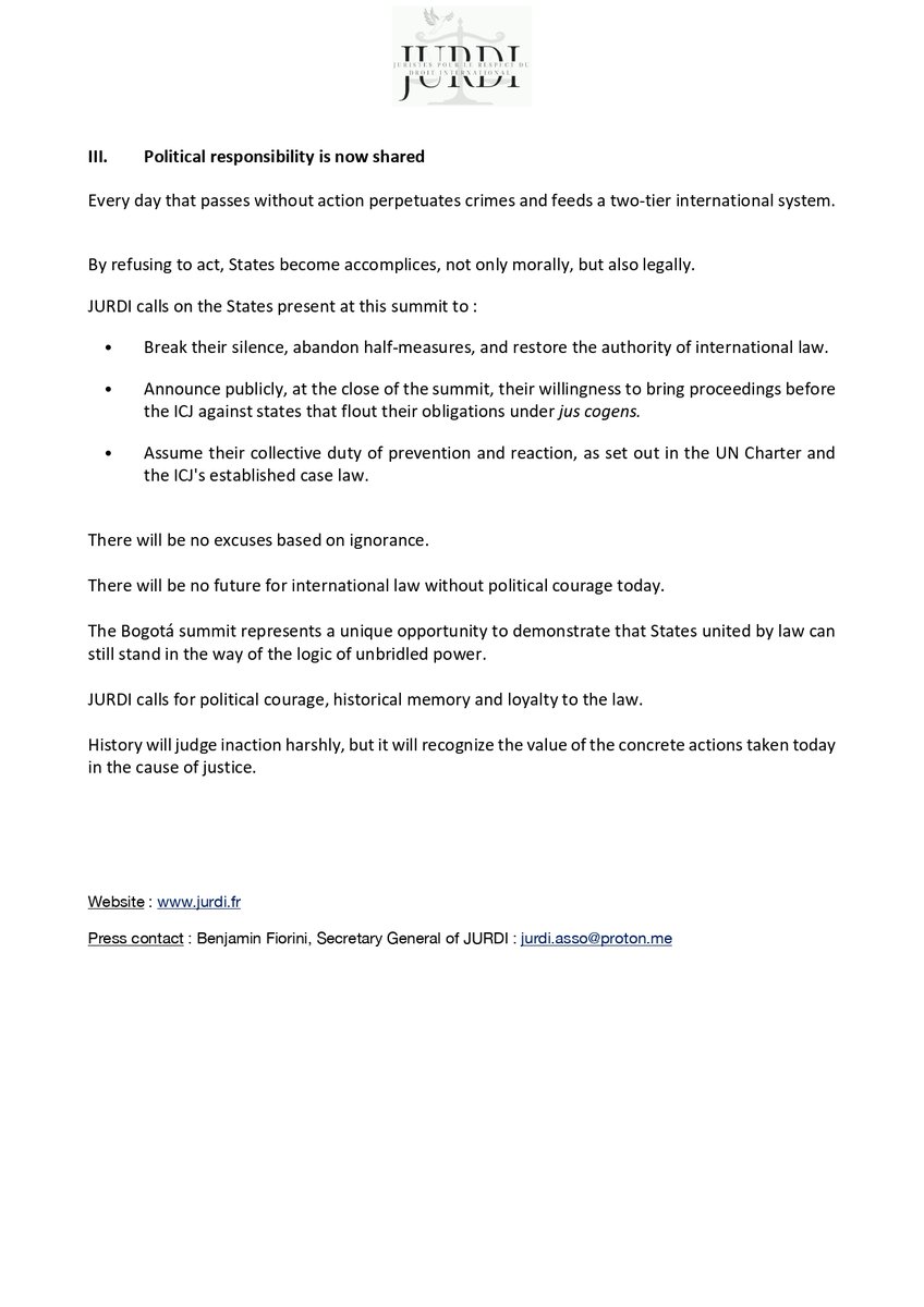 JURDIasso's tweet image. 🔴THE HAGUE GROUP : DIPLOMATIC APPEAL🔴
JURDI solemnly calls for a coherent and coordinated mobilization of all States present to translate the fundamental principles of international law into concrete, immediate and bold measures.
@RSAinFrance @FranceinIreland @EmbEspFrancia