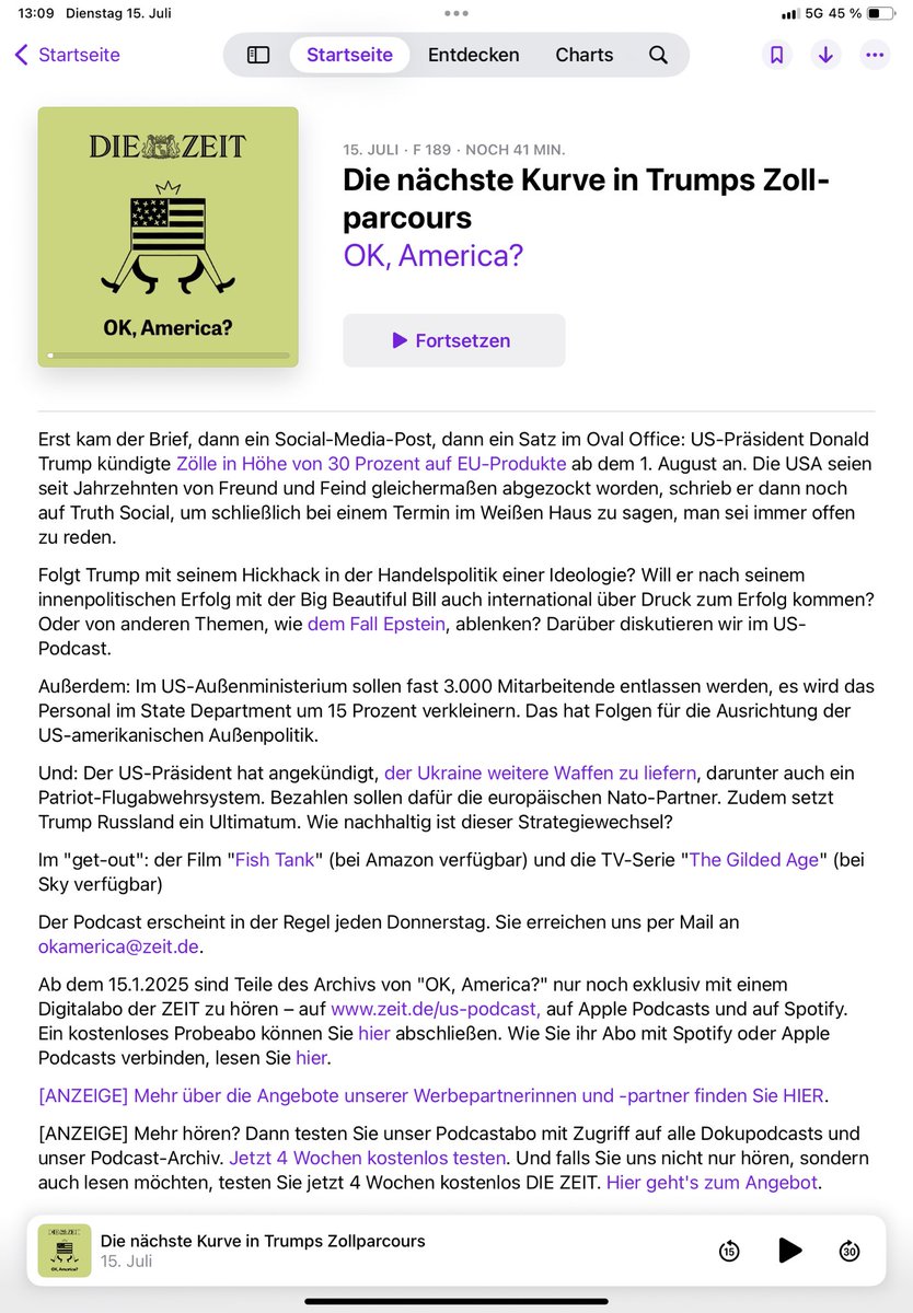 Und nun doch die nächsten Strafzölle gegen Europa. 
Oder…? 
OK, America?, mit <a href="/havpost/">Rieke Havertz</a> für <a href="/zeitonline/">DIE ZEIT</a>. podcasts.apple.com/de/podcast/ok-…