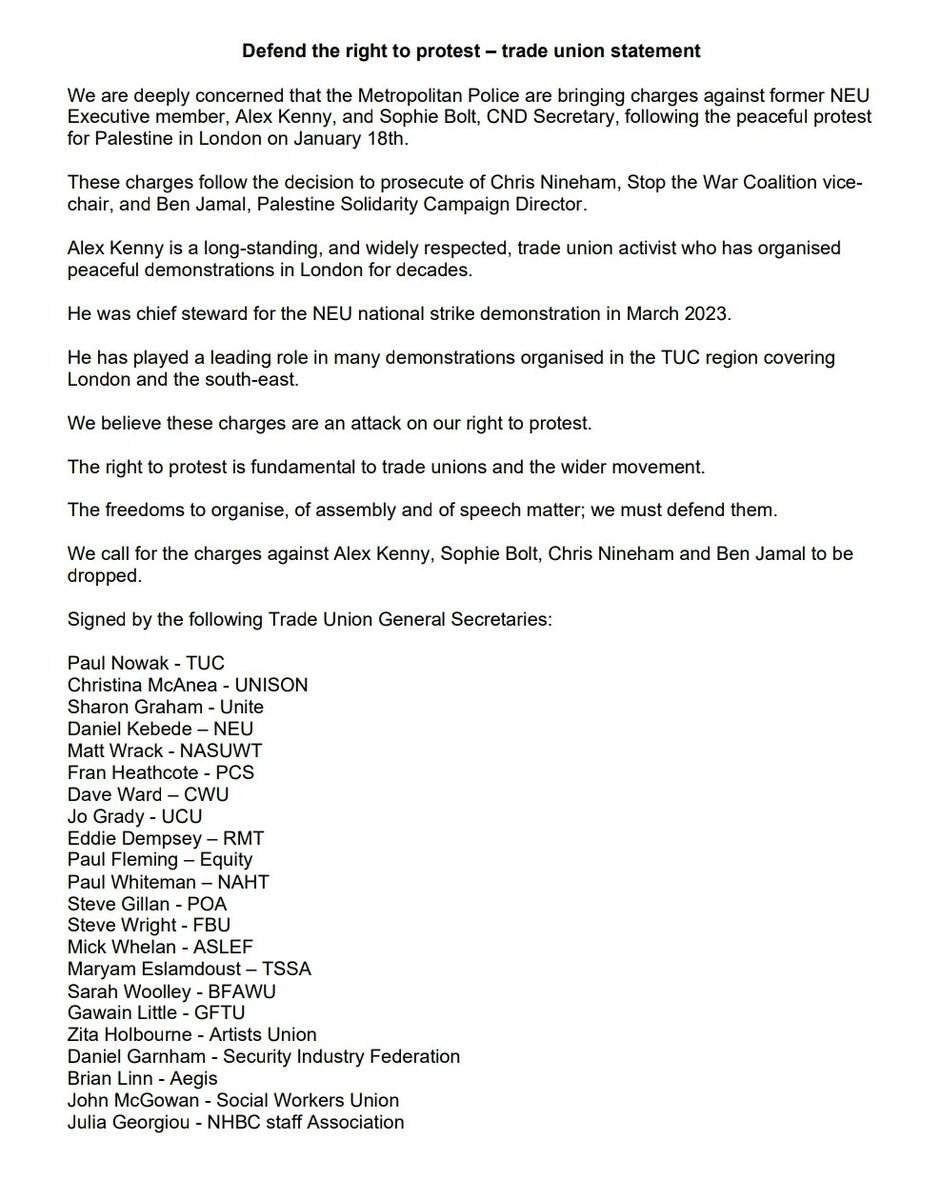 Daniel Kebede (@danielkebedeneu) on Twitter photo Today <a href="/NEUnion/">National Education Union</a> have issued a statement defending the right to peaceful protest.
It is signed by 22 General Secretaries
We're calling for charges against Alex Kenny, Sophie Bolt, Chris Nineham and Ben Jamal to be dropped – all were arrested at a protest for Palestine in January Today <a href="/NEUnion/">National Education Union</a> have issued a statement defending the right to peaceful protest.
It is signed by 22 General Secretaries
We're calling for charges against Alex Kenny, Sophie Bolt, Chris Nineham and Ben Jamal to be dropped – all were arrested at a protest for Palestine in January