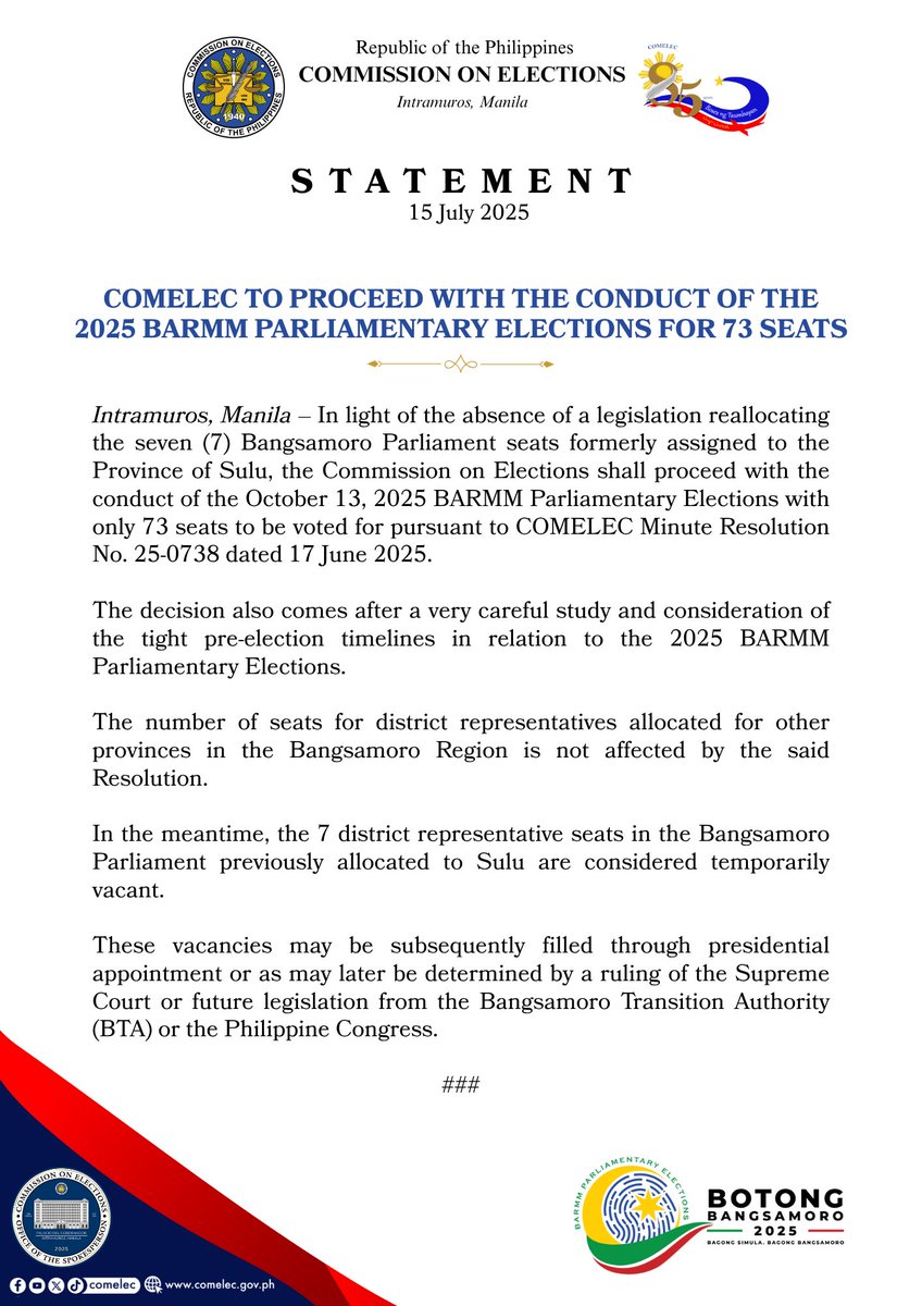 COMELEC's tweet image. 𝐒𝐓𝐀𝐓𝐄𝐌𝐄𝐍𝐓 | 𝟏𝟓 𝐉𝐔𝐋𝐘 𝟐𝟎𝟐𝟓

𝐂𝐎𝐌𝐄𝐋𝐄𝐂 𝐓𝐎 𝐏𝐑𝐎𝐂𝐄𝐄𝐃 𝐖𝐈𝐓𝐇 𝐓𝐇𝐄 𝐂𝐎𝐍𝐃𝐔𝐂𝐓 𝐎𝐅 𝐓𝐇𝐄 𝟐𝟎𝟐𝟓 𝐁𝐀𝐑𝐌𝐌 𝐏𝐀𝐑𝐋𝐈𝐀𝐌𝐄𝐍𝐓𝐀𝐑𝐘 𝐄𝐋𝐄𝐂𝐓𝐈𝐎𝐍𝐒 𝐅𝐎𝐑 𝟕𝟑 𝐒𝐄𝐀𝐓𝐒

#COMELEC
#COMELECStatement
#2025BPE 
#BARMMParliamentaryElections