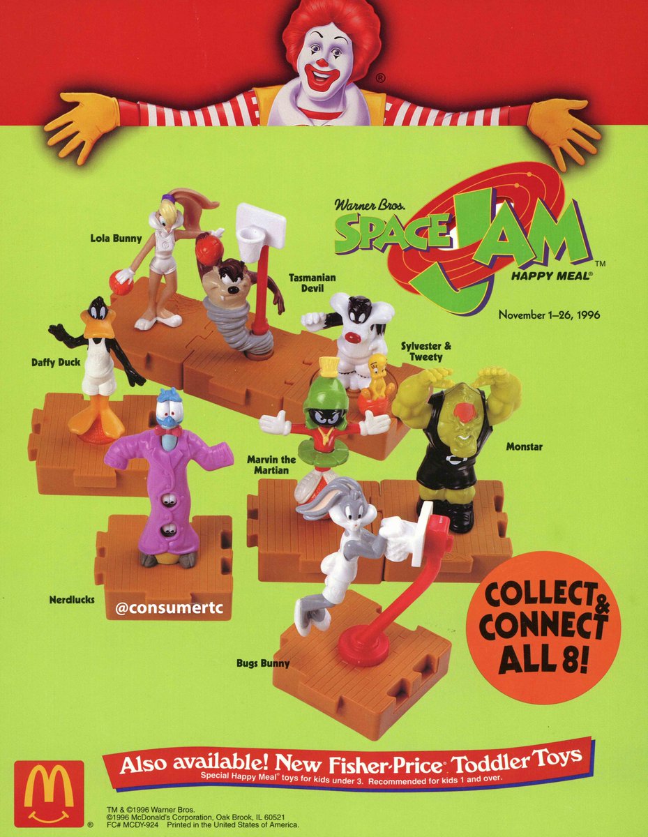 consumertc's tweet image. The SPACE JAM Happy Meal featured eight characters that connected together to make a basketball court. Curiously, Michael Jordan wasn’t represented in the toy line, but it was a cool set nonetheless. (1996)