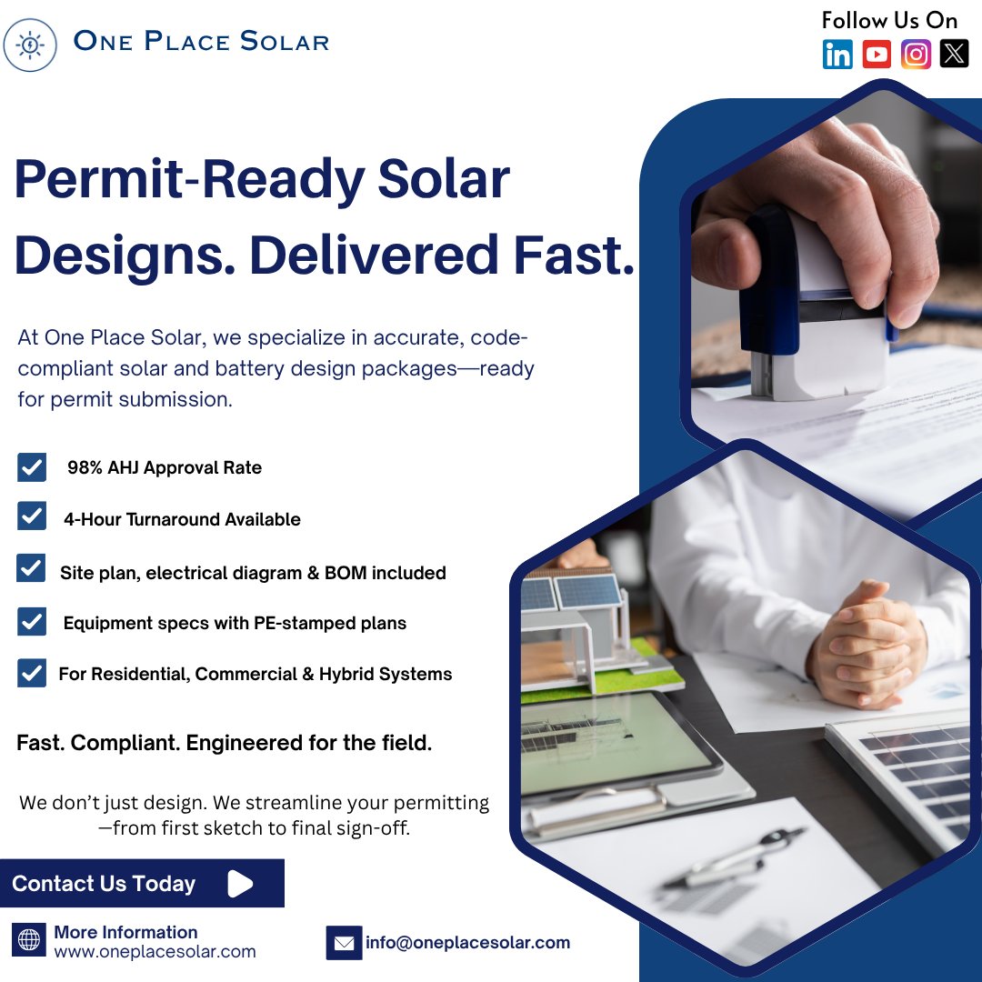 OnePlaceSolar's tweet image. 🚨 Permit delays? Not with us.
One Place Solar delivers permit-ready solar &amp;amp; battery designs with 
 98% AHJ approval rate.
 Site plans, diagrams, BOM
 PE-stamped, fast turnaround
 Designed for the field. Delivered in hours.
#SolarDesign #PEStamp #SolarInstallers #OnePlaceSolar