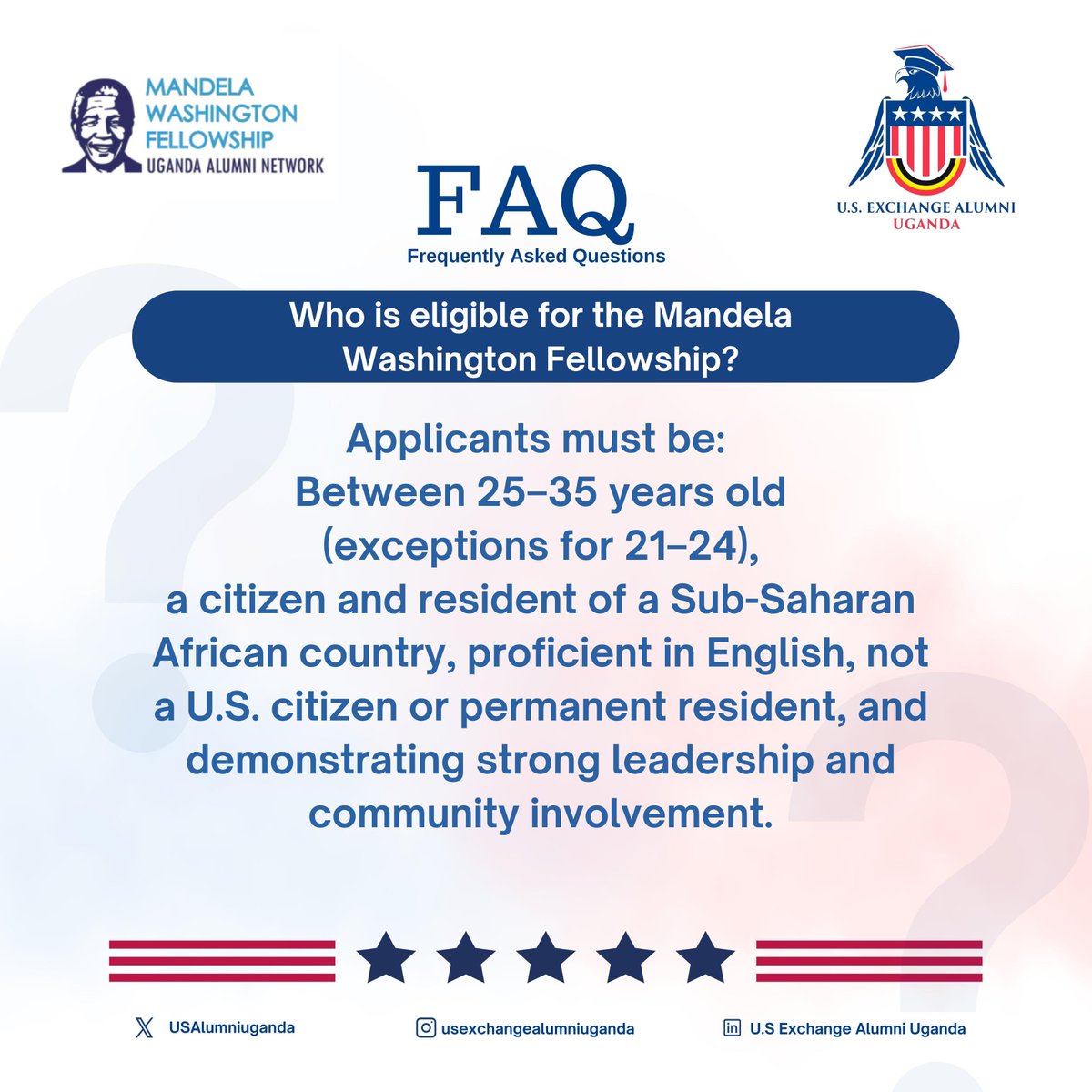 USAlumniUganda's tweet photo. Who is eligible for MWF?
Are you 25–35, passionate about change, and active in your community? You are be eligible for the fellowship.
What does the Fellowship cover?
#MWF is fully funded from Flights, tuition, accommodation, health benefits all covered! #ExchangePrograms #USEA https://t.co/iJKtc3LdbA