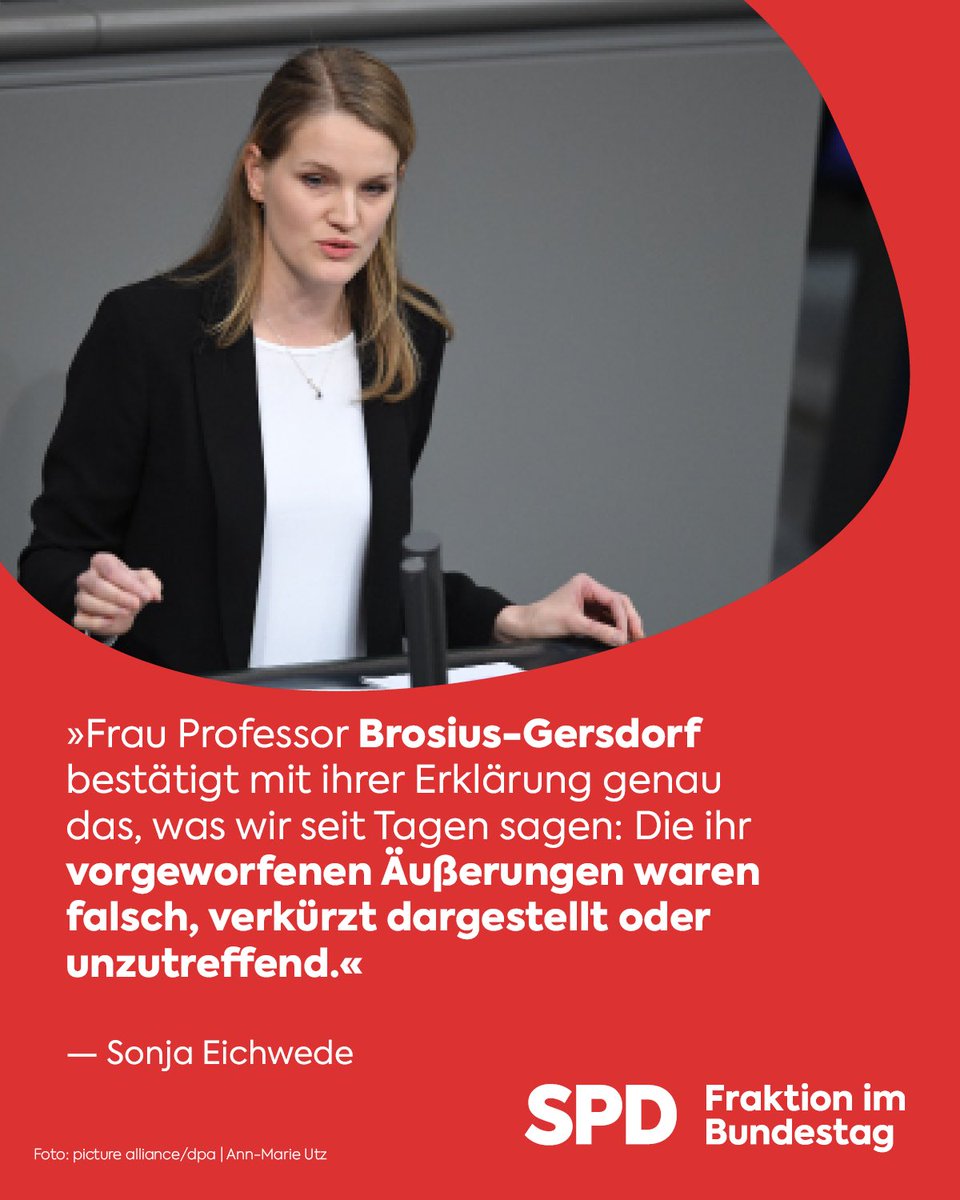 SPD-Fraktion im Bundestag (@spdbt) on Twitter photo Wir stehen zu Frau Prof. #BrosiusGersdorf! "Mittlerweile haben sich auch viele namhafte Juristen hinter sie gestellt, die mit Entsetzen sehen, wie versucht wurde, eine renommierte Kollegin und herausragende Staatsrechtslehrerin öffentlich zu diskreditieren", so Sonja Eichwede. Wir stehen zu Frau Prof. #BrosiusGersdorf! "Mittlerweile haben sich auch viele namhafte Juristen hinter sie gestellt, die mit Entsetzen sehen, wie versucht wurde, eine renommierte Kollegin und herausragende Staatsrechtslehrerin öffentlich zu diskreditieren", so Sonja Eichwede.