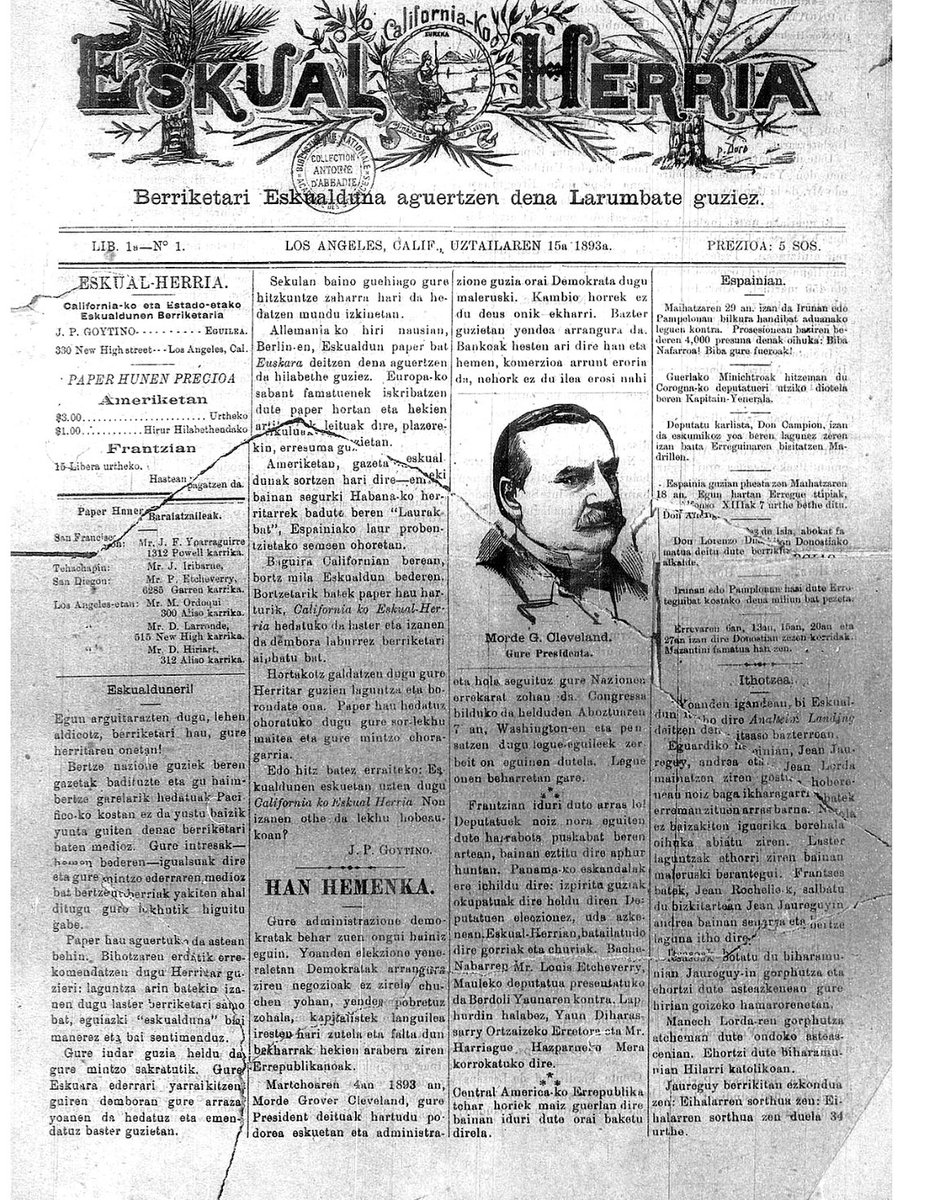 DorreaOlaso's tweet image. Gaurko egunez 1893 urtean argitaratu zen Kaliforniako Euskal Herria euskal astekariaren lehen alea.