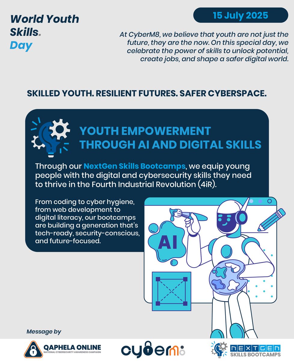 OurCyberM8's tweet image. Happy World Youth Skills Day from CyberM8! Digital skills are essential for young people. Our NextGen Bootcamp prepares the next generation of "digital defenders" to lead and shape the future. Learn more on our website: cyberm8.org.za/programmes/nex…