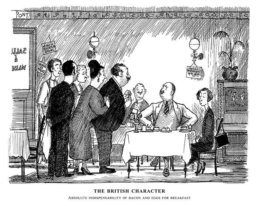 PontWorld's tweet image. #PONT on the British abroad, from 11 November 1936: THE BRITISH CHARACTER - ABSOLUTE INDISPENSABILITY OF BACON AND EGGS FOR BREAKFAST #travel #holidays #breakfast