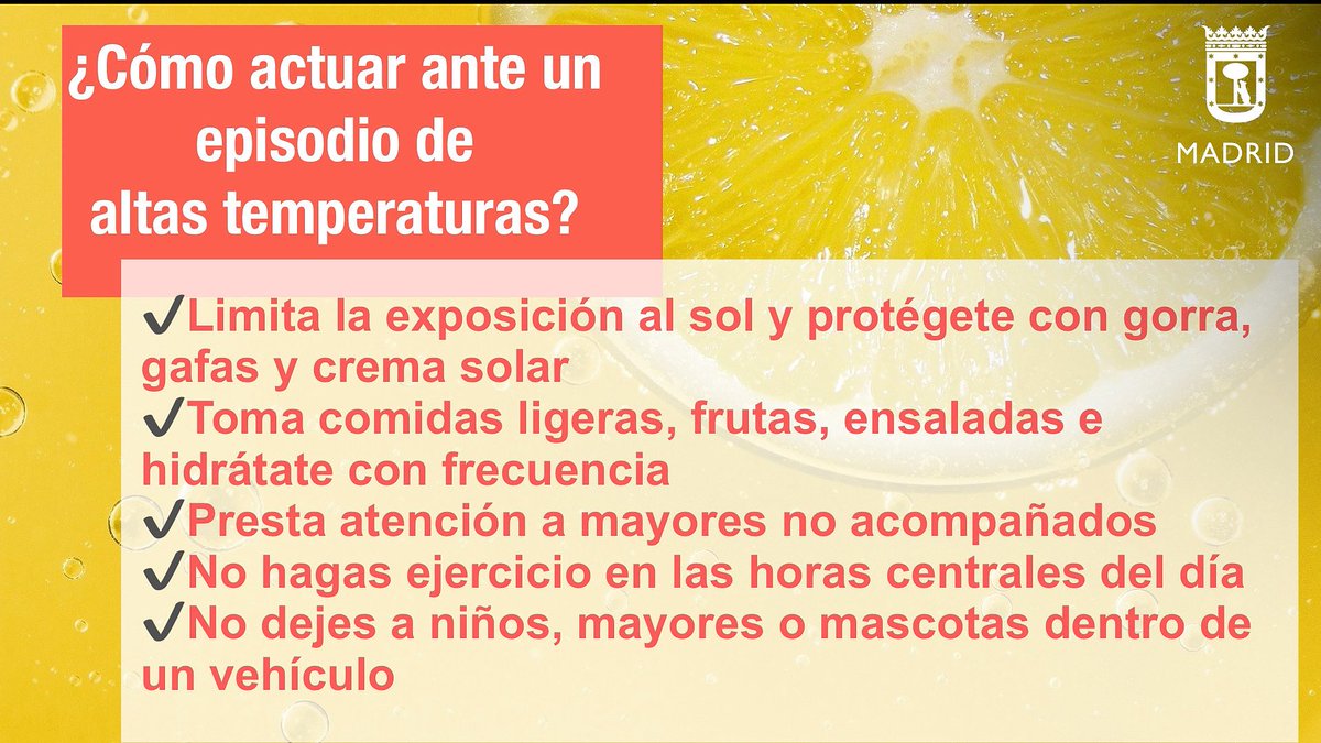 Emergencias Madrid (@emergenciasmad) on Twitter photo El Plan de Actuación ante Altas Temperaturas Extraordinarias #CALORMAD escala a su Fase de Emergencia y Situación Operativa 1, en base a los informes de Salud Pública.
Además, <a href="/AEMET_Madrid/">AEMET_Madrid</a> mantiene su aviso amarillo para hoy y naranja para mañana por altas temperaturas.
#FMA El Plan de Actuación ante Altas Temperaturas Extraordinarias #CALORMAD escala a su Fase de Emergencia y Situación Operativa 1, en base a los informes de Salud Pública.
Además, <a href="/AEMET_Madrid/">AEMET_Madrid</a> mantiene su aviso amarillo para hoy y naranja para mañana por altas temperaturas.
#FMA