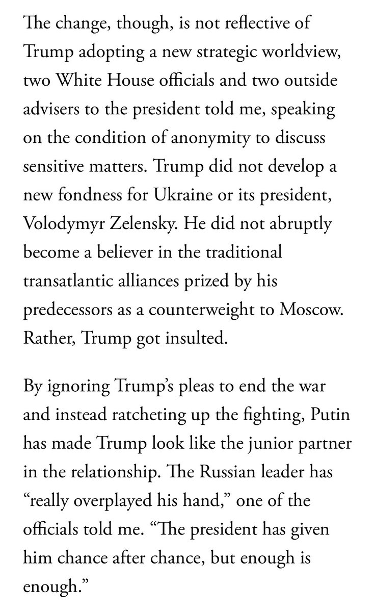alexbward's tweet image. “By ignoring Trump’s pleas to end the war and instead ratcheting up the fighting, Putin has made Trump look like the junior partner in the relationship.” - @JonLemire theatlantic.com/politics/archi…