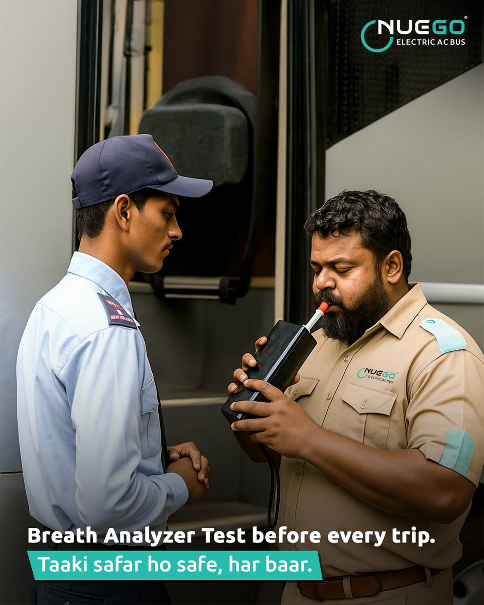 Bus ride lene se pehle ek cheez zaroori hai: Trust.

Hamare har driver ki journey shuru hoti hai breath analyser test se.

Use Code: TRIP for an exclusive 10% discount.

Follow <a href="/nuegoindia/">NueGo</a> and download the NueGo app to book your tickets now (Link in bio).

[NueGo NueGoIndia