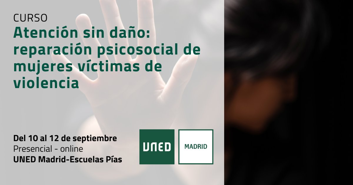 UNEDMadrid's tweet image. 🟣Curso de Verano: Atención sin daño – reparación psicosocial de mujeres víctimas de violencia
Explora herramientas para prevenir la revictimización y promover el empoderamiento y más.
📆10 al 12 de septiembre |💻Online o presencial
extension.uned.es/actividad/idac…