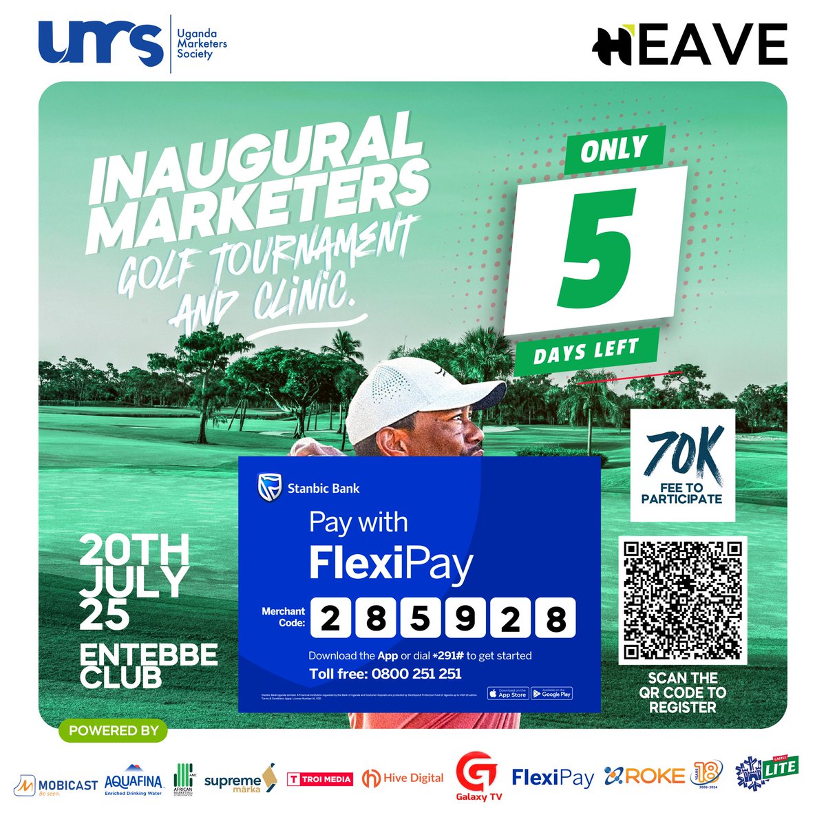 INAUGURAL MARKETERS GOLF TOURNAMENT AND CLINIC
Date: 20th July 2025

Make your payment now
- Momo Pay:650434
- Airtel Money Pay: 4356393
- FlexiPay: 285928

SCAN TO REGISTER