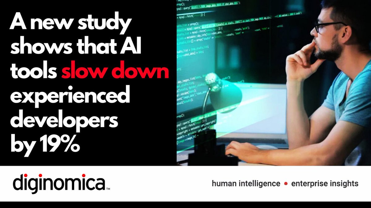 Is this a wake up call for industry hype? <a href="/Derek_duPreez/">Derek du Preez</a> reviews a new <a href="/METR_Evals/">METR</a> study where experienced open-source developers expected AI would reduce their task completion time by 24% but they actually took 19% longer when using the AI tools. bit.ly/44tM3Sy