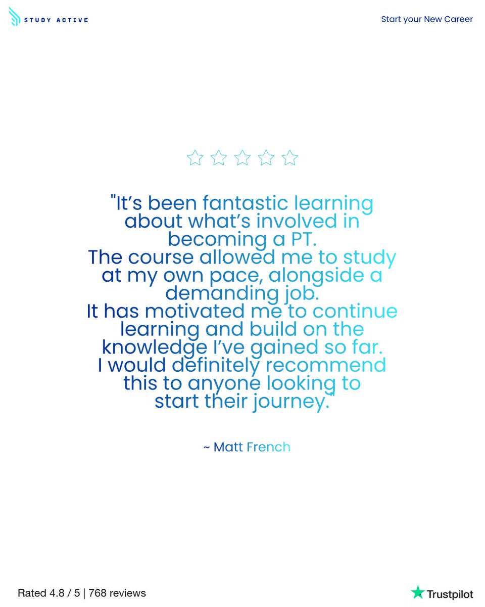 “It’s motivated me to keep learning and build on my knowledge.” 💬 Matt smashed his PT course with us 💪 
Ready to start your fitness career? Study at your pace, get qualified, and join 700+ 5⭐️ reviews! 
#CareerChange #PersonalTrainer #StudyActive #PTCourse