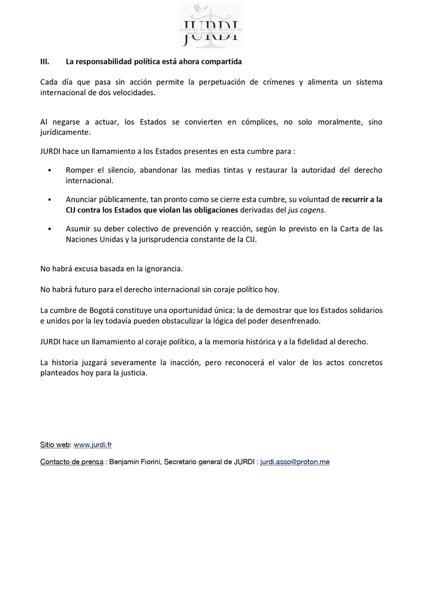 JURDIasso's tweet image. 🔴LLAMAMIENTO DIPLOMATICO🔴
Ante la situación en Gaza, JURDI pide una acción colectiva de los Estados del Grupo de La Haya, ante la Corte Internacional de Justicia por las graves violaciones de sus obligaciones internacionales por parte de muchos Estados.
@EmbEspFrancia