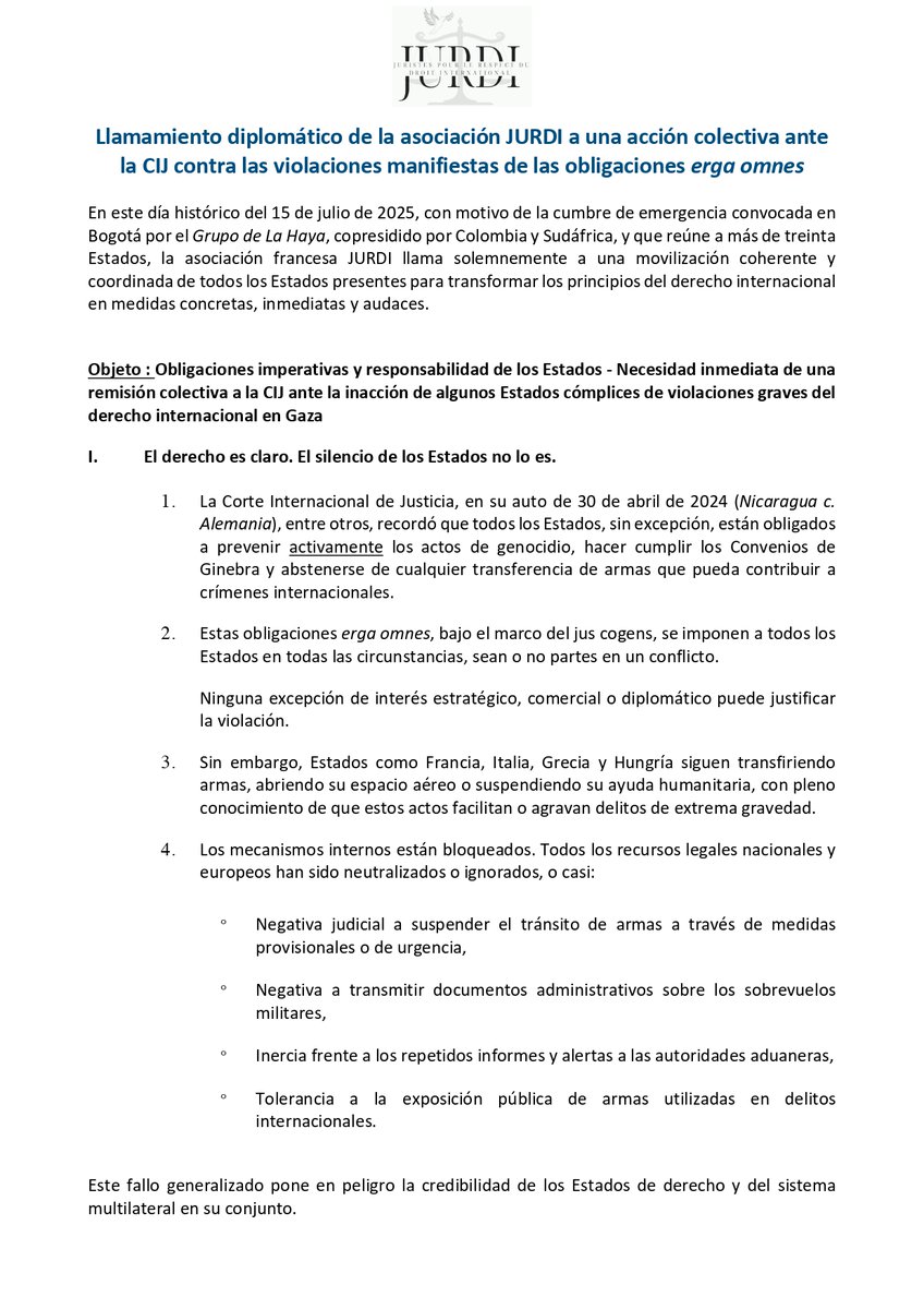 JURDIasso's tweet image. 🔴LLAMAMIENTO DIPLOMATICO🔴
Ante la situación en Gaza, JURDI pide una acción colectiva de los Estados del Grupo de La Haya, ante la Corte Internacional de Justicia por las graves violaciones de sus obligaciones internacionales por parte de muchos Estados.
@EmbEspFrancia