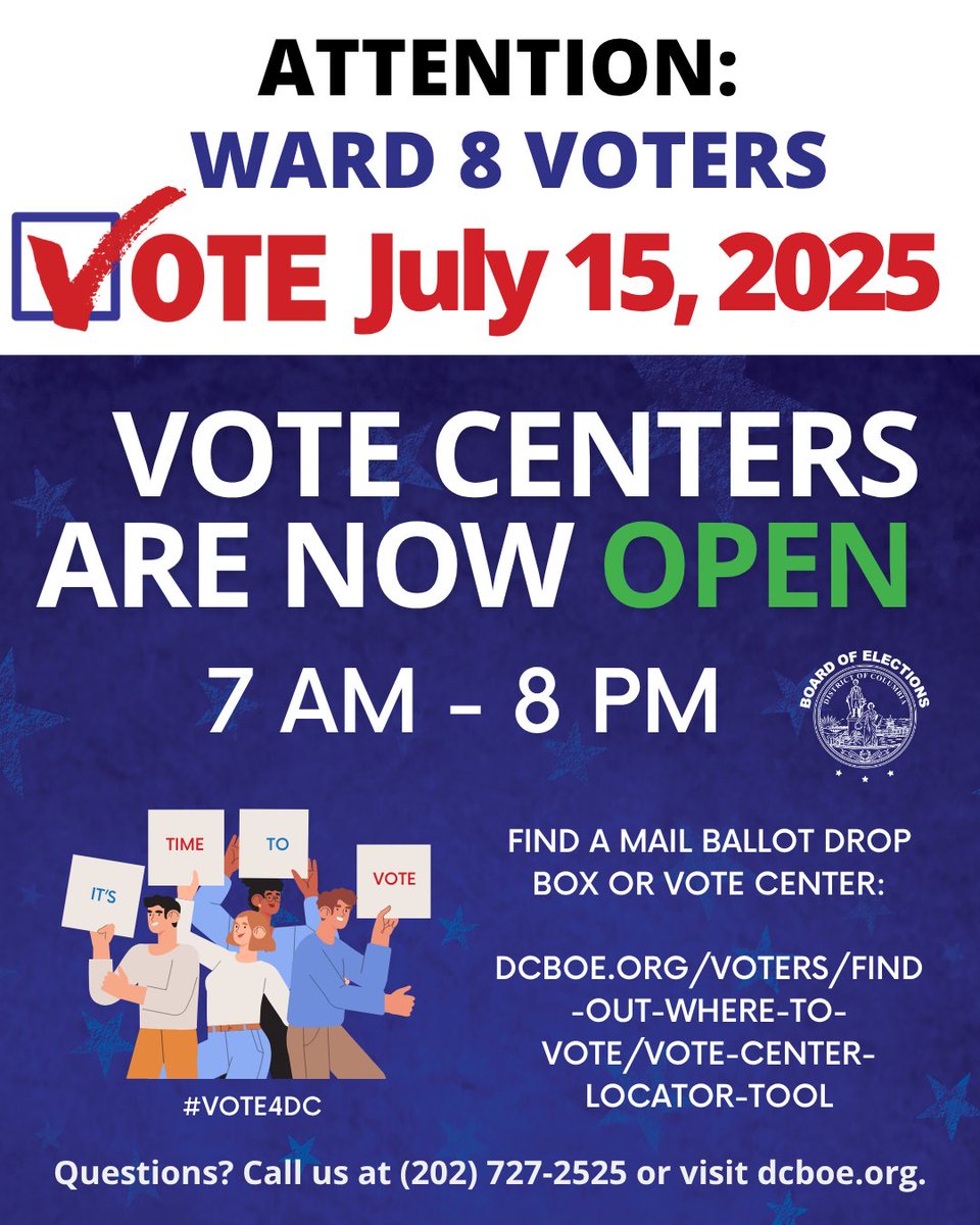 Vote4DC's tweet image. It’s Special Election Day, Ward 8! All Vote Centers are NOW OPEN! Ward 8 Voters can vote at ANY Vote Center, regardless of residential address. Find locations here: dcboe.org/voters/find-ou… #vote4dc