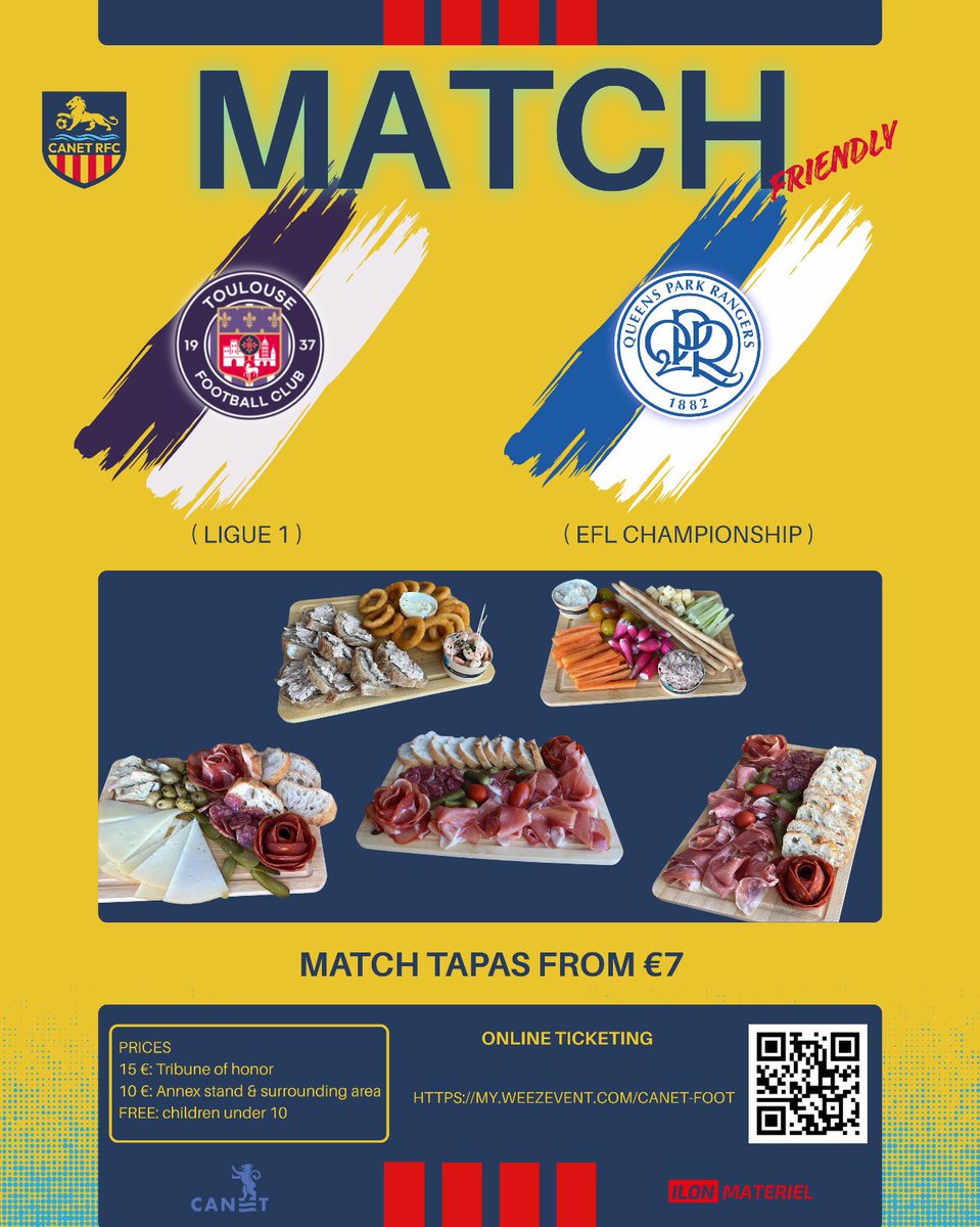 Le Toulouse FC (Ligue 1) affronte les Queens Park Rangers (Championship – D2 anglaise)
Vendredi 18 juillet 2025 à 18h00
Stade Saint Michel, Canet en Roussillon 
🎟️ Billets disponibles en ligne : 
my.weezevent.com/canet-foot

#CRFC #TFC #QPR #CanetRoussillon #Football <a href="/ToulouseFC/">Toulouse FC</a> <a href="/QPR/">QPR FC</a>