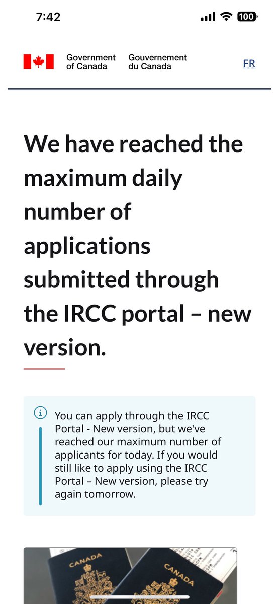JacquiDelaney's tweet image. Just so we are clear, the portal for online passport renewal has only been open for 43 minutes and they’re saying they’re already at their capacity for the day.
What is their capacity? 10?
Again, this is for online renewal of a passport for a Canadian citizen.
@CitImmCanada