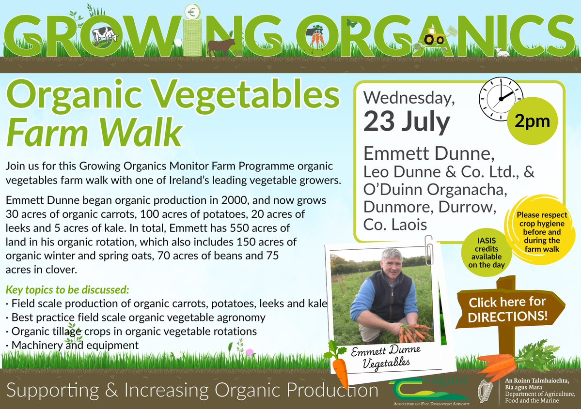 Teagasc (@teagasc) on Twitter photo Join us on Wednesday, 23 July at 2pm for a Growing Organics Vegetables Farm Walk on the farm of Emmett Dunne, Durrow, Co. Laois. Topics to be discussed include organic tillage crops in organic vegetable rotations.
View directions bit.ly/4lCWuZv
<a href="/TeagascOrganics/">TeagascOrganics</a> Join us on Wednesday, 23 July at 2pm for a Growing Organics Vegetables Farm Walk on the farm of Emmett Dunne, Durrow, Co. Laois. Topics to be discussed include organic tillage crops in organic vegetable rotations.
View directions bit.ly/4lCWuZv
<a href="/TeagascOrganics/">TeagascOrganics</a>