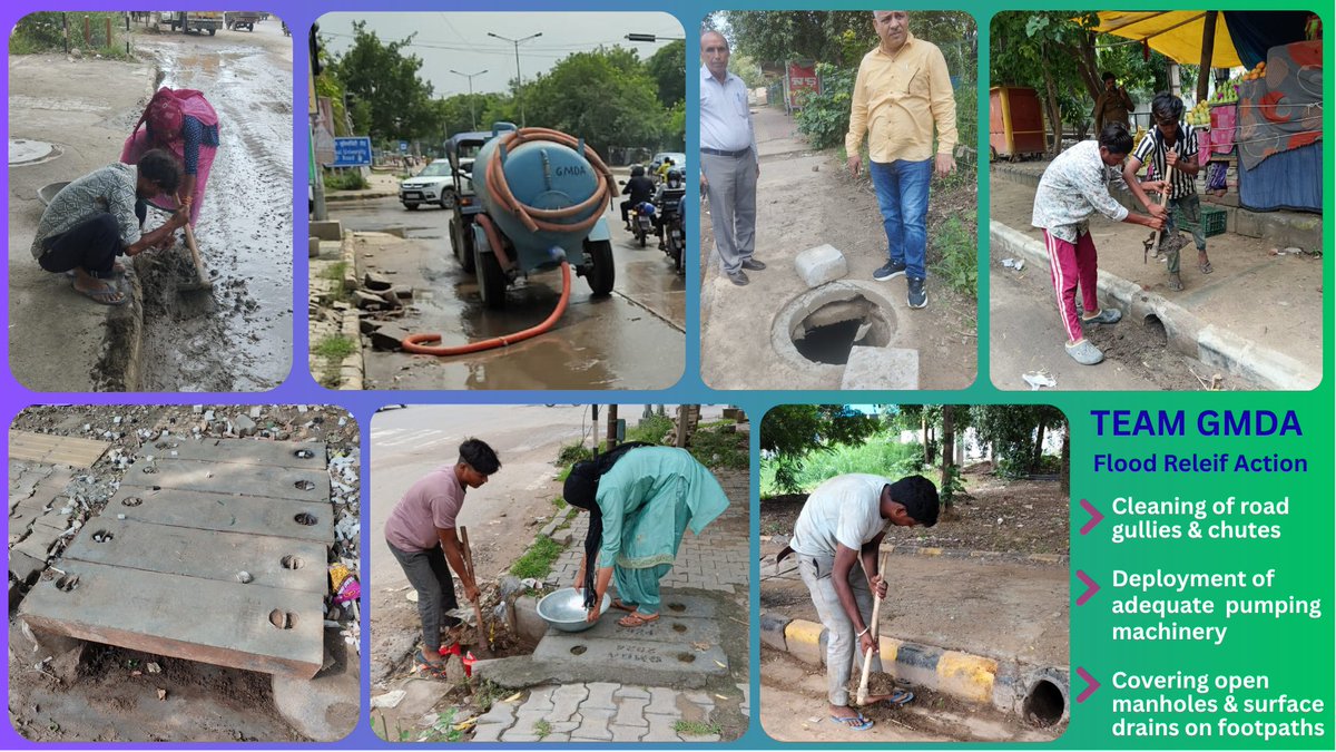 OfficialGMDA's tweet photo. GMDA team is on ground and taking necessary measures to:
✅Clean choked drains & road gullies
✅Remove waterlogging from master roads
✅Cover open manholes & surface drains
✅Deploy adequate pumping machinery to clear master roads
#GMDAAction #SafeMonsoon 🌧️ https://t.co/vsH1UCrnuR