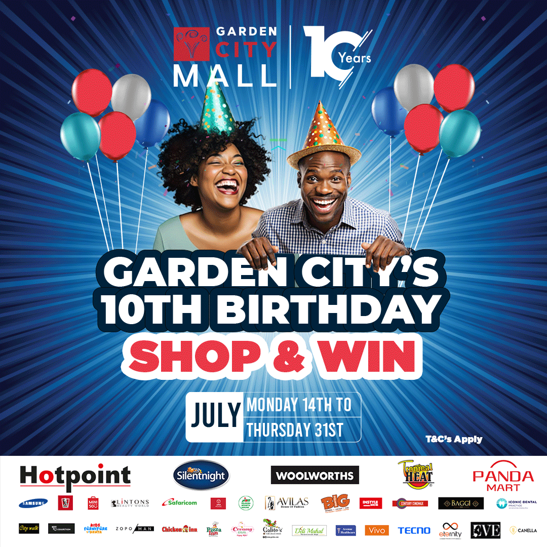GardenCityNbi's tweet photo. Garden City Mall is officially turning 10! 🥳

The big moment is finally here and we're ready to celebrate a decade of unforgettable moments with YOU!

Prepare for a month-long extravaganza like no other, packed with offers, gifts, activities and pure birthday bliss! https://t.co/EBVhHTrAG7