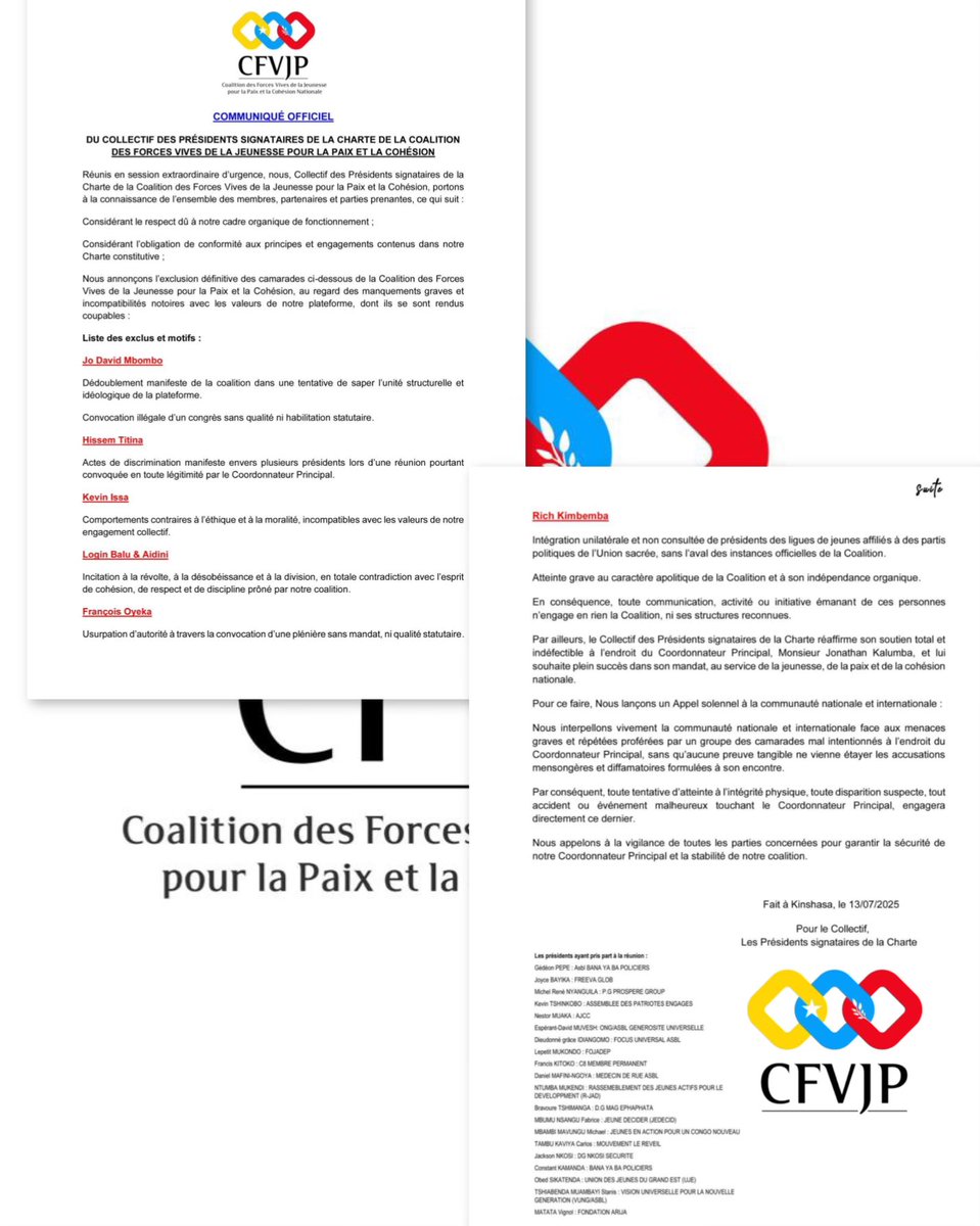 MOTEMA CD (@motemacd5) on Twitter photo 🤍📃 Au CŒUR de l’info 🇨🇩 | Voici la liste des dissidents à l’origine de la crise au sein de la CFVJP, ainsi que leurs motifs :
•<a href="/jo_mbombo/">Jonathan David M'BOMBO T.</a>
•<a href="/Hissemtitina_A/">Tolembi nzala🇨🇩</a>
•<a href="/KevinIssa23412/">Kevin Issa</a>
•<a href="/RichKKimbangu/">Mr Rich KITONDUA KIMBANGU</a>
•<a href="/Jpf_Oyeka_King/">Jean-Pierre François OYEKA O.</a>
•Aidini
•<a href="/BaluLongin/">Longin Balu</a>
Dossier à suivre… 🤍📃 Au CŒUR de l’info 🇨🇩 | Voici la liste des dissidents à l’origine de la crise au sein de la CFVJP, ainsi que leurs motifs :
•<a href="/jo_mbombo/">Jonathan David M'BOMBO T.</a>
•<a href="/Hissemtitina_A/">Tolembi nzala🇨🇩</a>
•<a href="/KevinIssa23412/">Kevin Issa</a>
•<a href="/RichKKimbangu/">Mr Rich KITONDUA KIMBANGU</a>
•<a href="/Jpf_Oyeka_King/">Jean-Pierre François OYEKA O.</a>
•Aidini
•<a href="/BaluLongin/">Longin Balu</a>
Dossier à suivre…