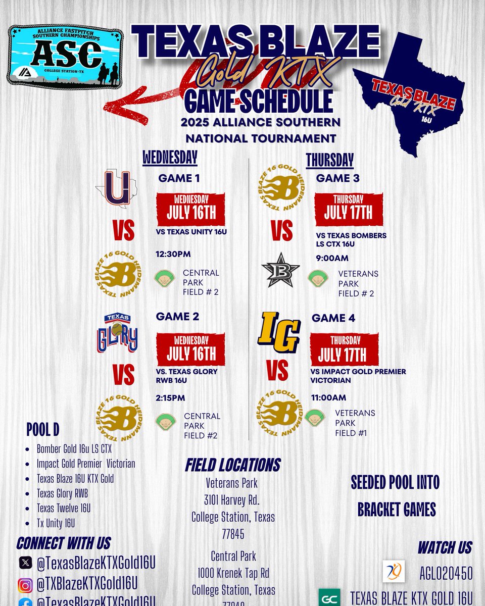 🔥 It’s GO time for our girls as we head into the 2025 Alliance Southern National Tournament in College Station, TX!

🗓 Pool Play Schedule
📍 Veterans Park &amp; Central Park – College Station, TX

📲 Follow along on GameChanger: Texas Blaze KTX Gold 16U
📺 Watch on AGL: AGL020450