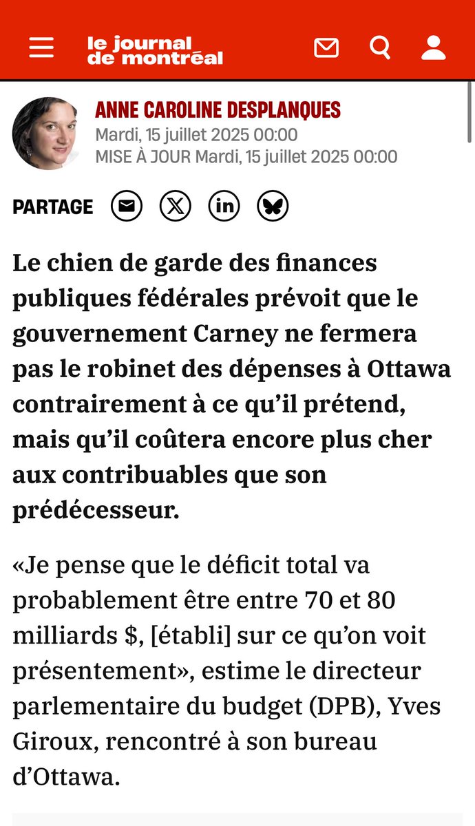 CarolineLessar8's tweet image. Pire que Trudeau qui dise à matin…
Quelqu’un se doute de cette affirmation?
« Le chien de garde des finances publiques fédérales prévoit que le gouvernement Carney ne fermera pas le robinet des dépenses à Ottawa contrairement à ce qu’il prétend, mais qu’il coûtera encore plus…