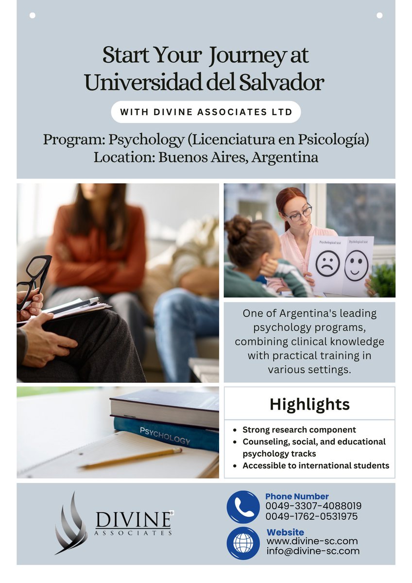 DivineAssociat's tweet photo. Start your psychology career at Universidad del Salvador with Divine Associates Ltd. Learn clinically and practically in Argentina.
#DivineAssociates #PsychologyDegree #StudyInArgentina #ClinicalTraining #ResearchBasedLearning https://t.co/tbVFQCiPuC
