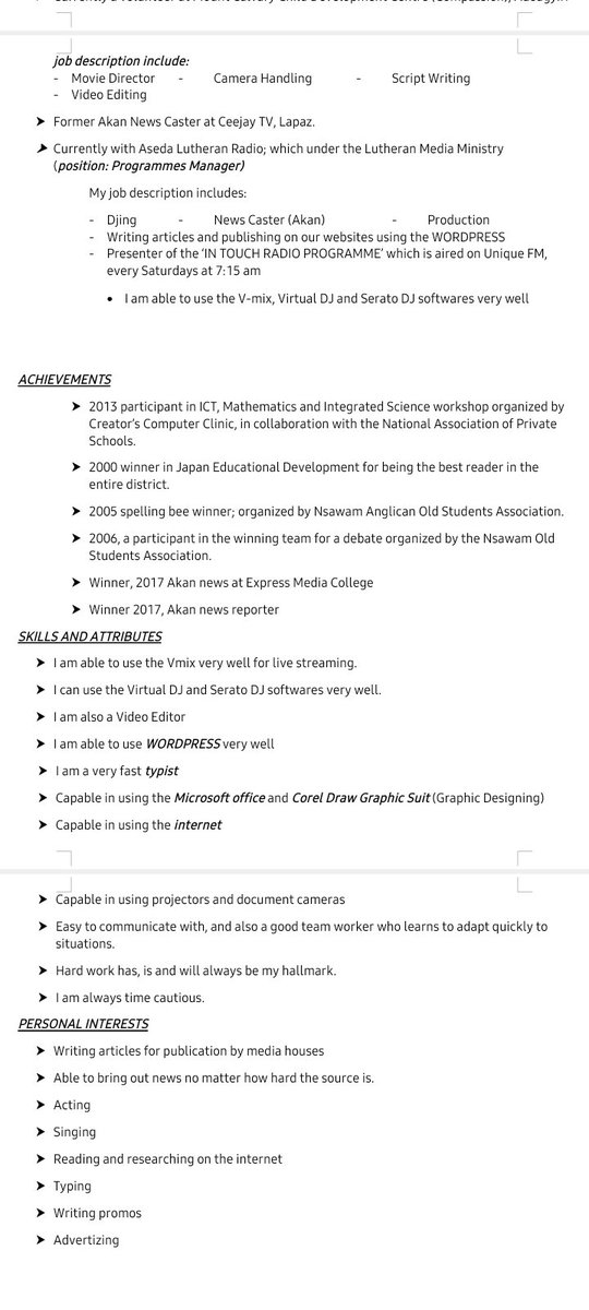 NiiKwatelai's tweet image. Ladies and Gentlemen! I'm seeking a job as a Journalist. Anything relating to the media, I can do it. Here is my CV. Any helper??🙏🙏🙏