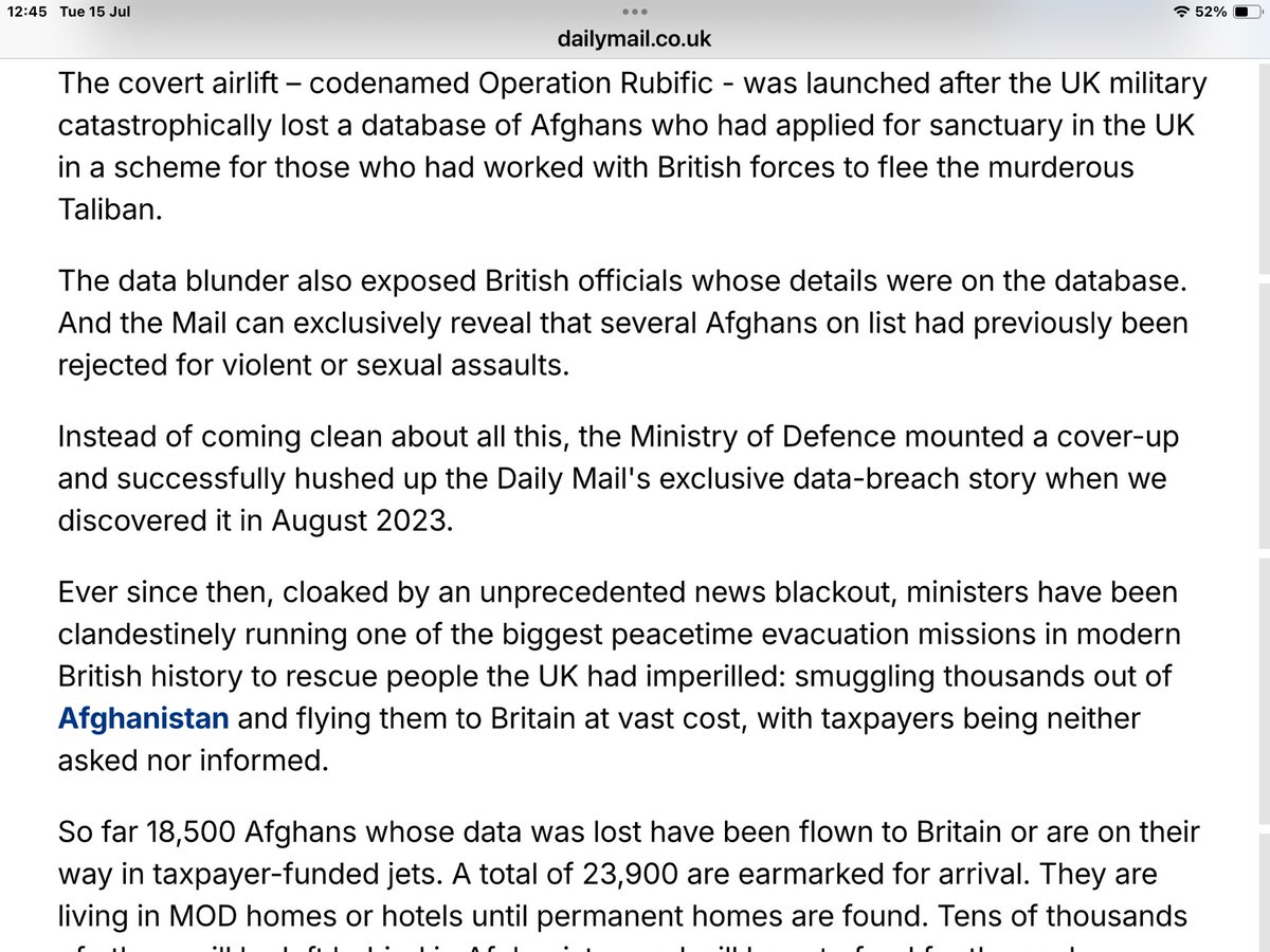 Today we find out that ministers have been flying in Afghans at a cost of £7 billion. A super injunction was put in place to prevent MPs and public from finding out. This is astonishing and proves that both Con and Labour govts cannot be trusted.