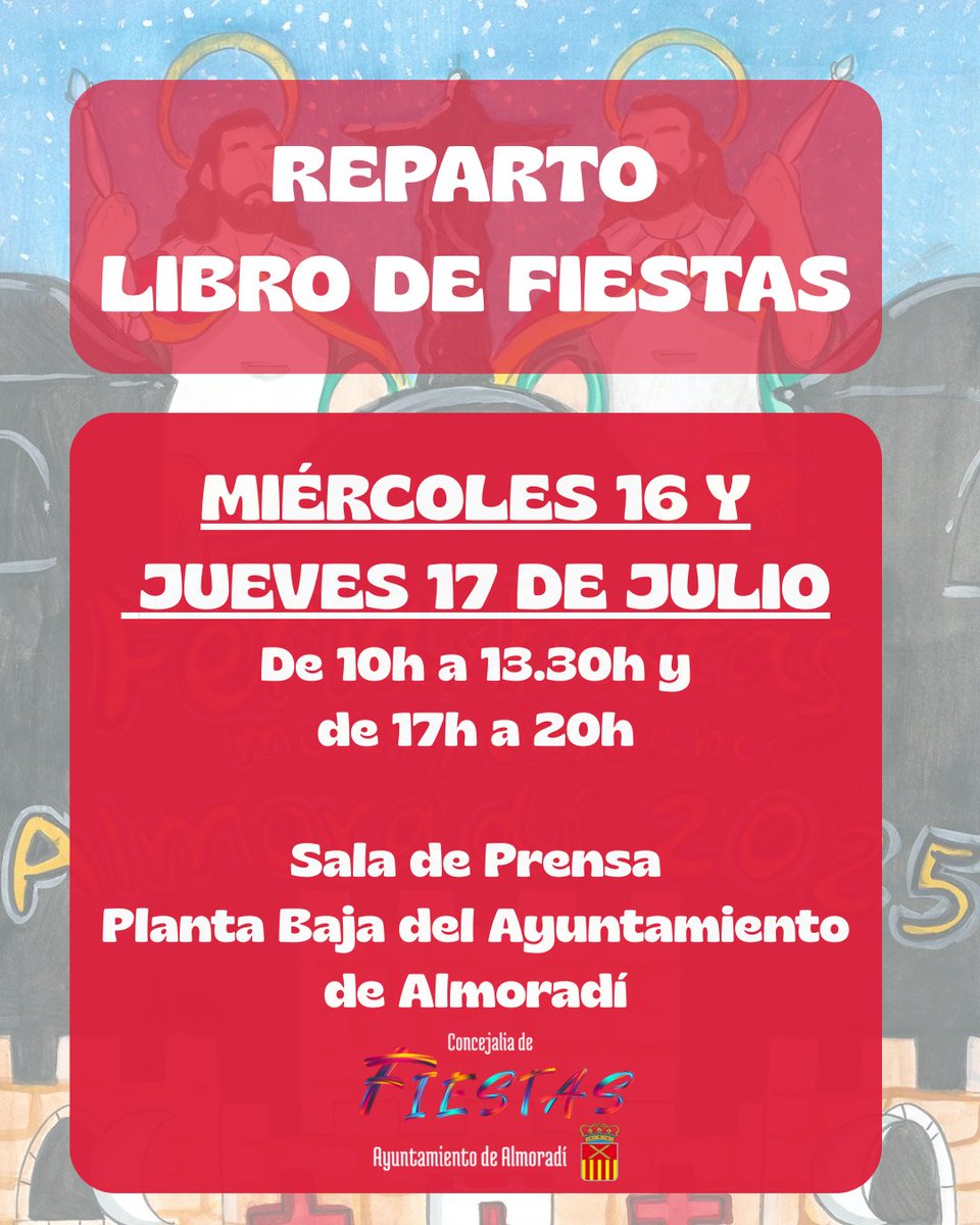 📷 ¡REPARTO DE LIBROS DE FIESTAS DE ALMORADÍ! 📷

Ya queda muy poquito para nuestra Feria y Fiestas de Moros y Cristianos, y ya sabemos las ganas que tenéis de recoger el libro de las fiestas

¡Así que aquí os dejamos las fechas y horarios para que podáis pasar a por el vuestro!