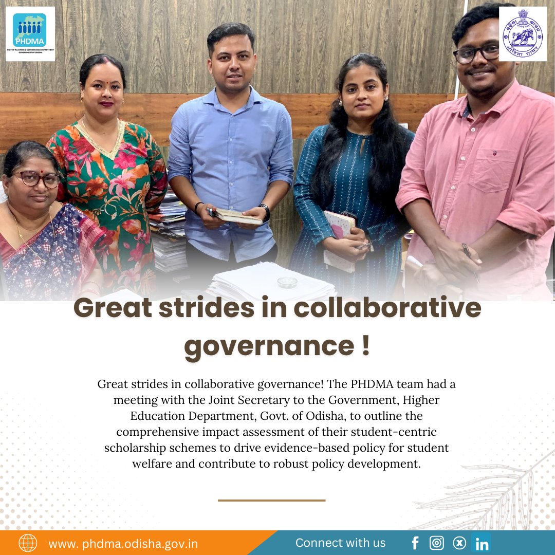 Great progress in collaborative governance! PHDMA met with the Joint Secretary, Higher Education Dept, Odisha, to plan impact assessment of student scholarships—aiming for evidence-based policy to boost student welfare. #StudentWelfare #PolicyImpact #Odisha #HigherEducation