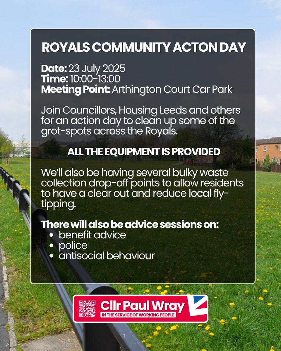 🧹Join Housing Leeds, West Yorkshire Police - Leeds South, Leeds Antisocial Behaviour, Councillors, and volunteers for our next community action day. 

#Leeds #LS10 #Hunslet #LCC #LeedsCityCouncil