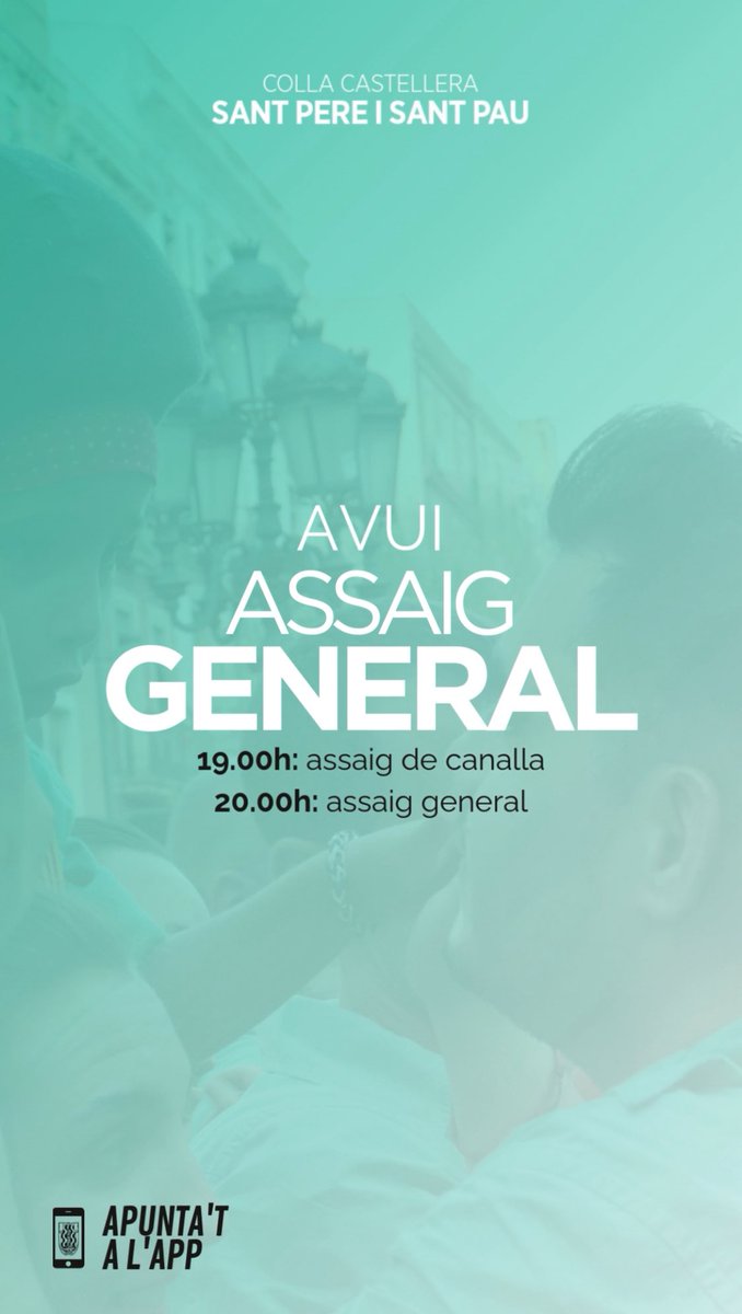🫵Colla! Avui TOTHOM al pati d’assaig!

    - 19.00h: Assaig de canalla
    - 20.00h: Assaig general

💪 Anem a donar-ho tot al pati d’assaig!

📲 Confirmeu a l’app!

Gaaas!!🔥💚

#castells #castellers #castelleres