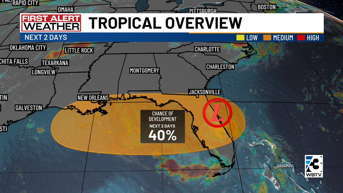 AlConklin's tweet image. First Alert: The update from the National Hurricane Center holds #Invest93 at 40% development chance over the next 48 hours. Off the FL east coat now, it will drift WEST into the Gulf over thru the midweek period. Most guidance suggest a path toward LA/MS. #NCwx #SCwx #CLTwx