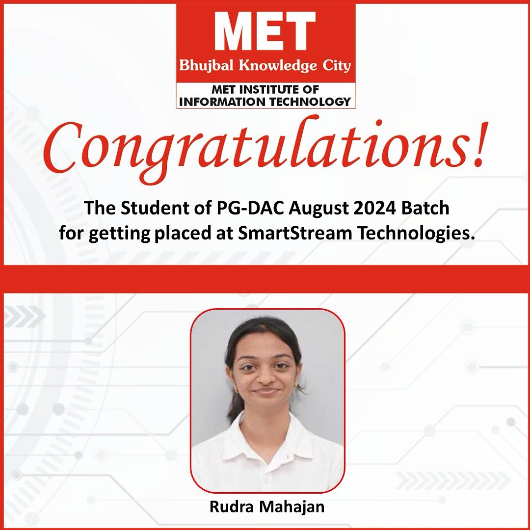 METedu's tweet image. 🎉 Big Congrats to Ms. Rudra Mahajan from the PG-DAC Aug &apos;24 Batch for getting placed at SmartStream Technologies!

We’re proud of your achievement and wish you continued success ahead.

#LifeAtMET #METIIT #Placement2024 #METSuccessStories #BeingMETizen #ProudAchievements