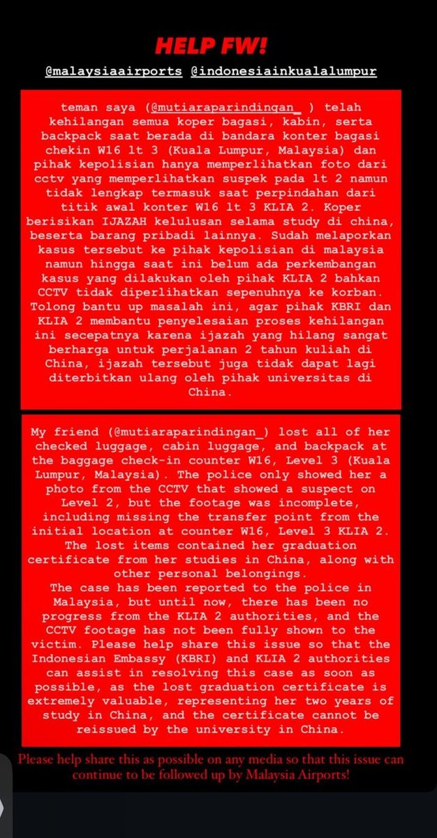 _yyaaya's tweet image. TEMAN SAYA KEHILANGAN KOPER, BACKPACK YANG BERISI IJAZAH SELAMA BERKULIAH DI CHINA.

mohon bantuannya, berikut kronologinya🙏🏻
@MY_Airports 
#shareplease